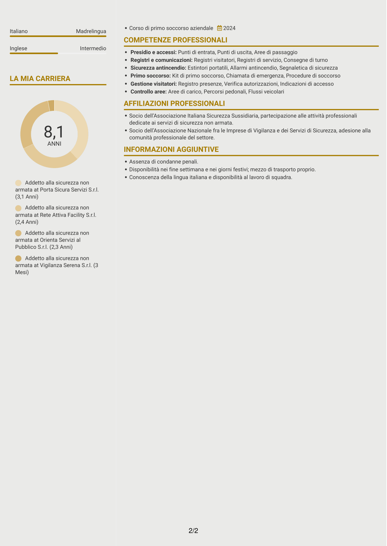 CV Dinamico (formato a due colonne con icone): Addetto alla sicurezza non armata, pagina 2