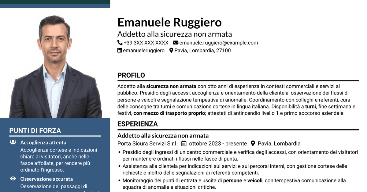 7 modelli di CV per Addetto alla sicurezza non armata, con esempi