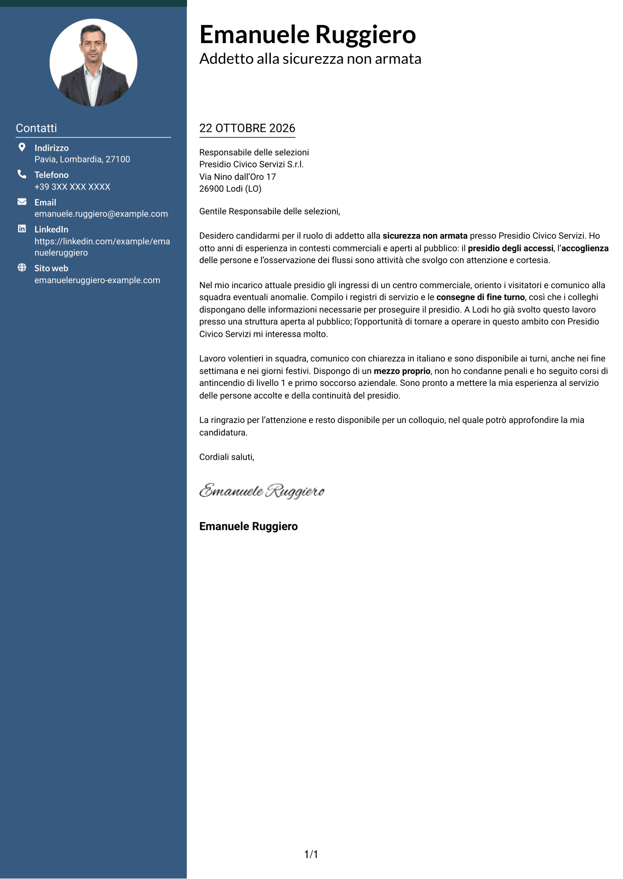 Lettera di presentazione Elegante (formato con colonna laterale colorata e foto): Addetto alla sicurezza non armata, pagina 1