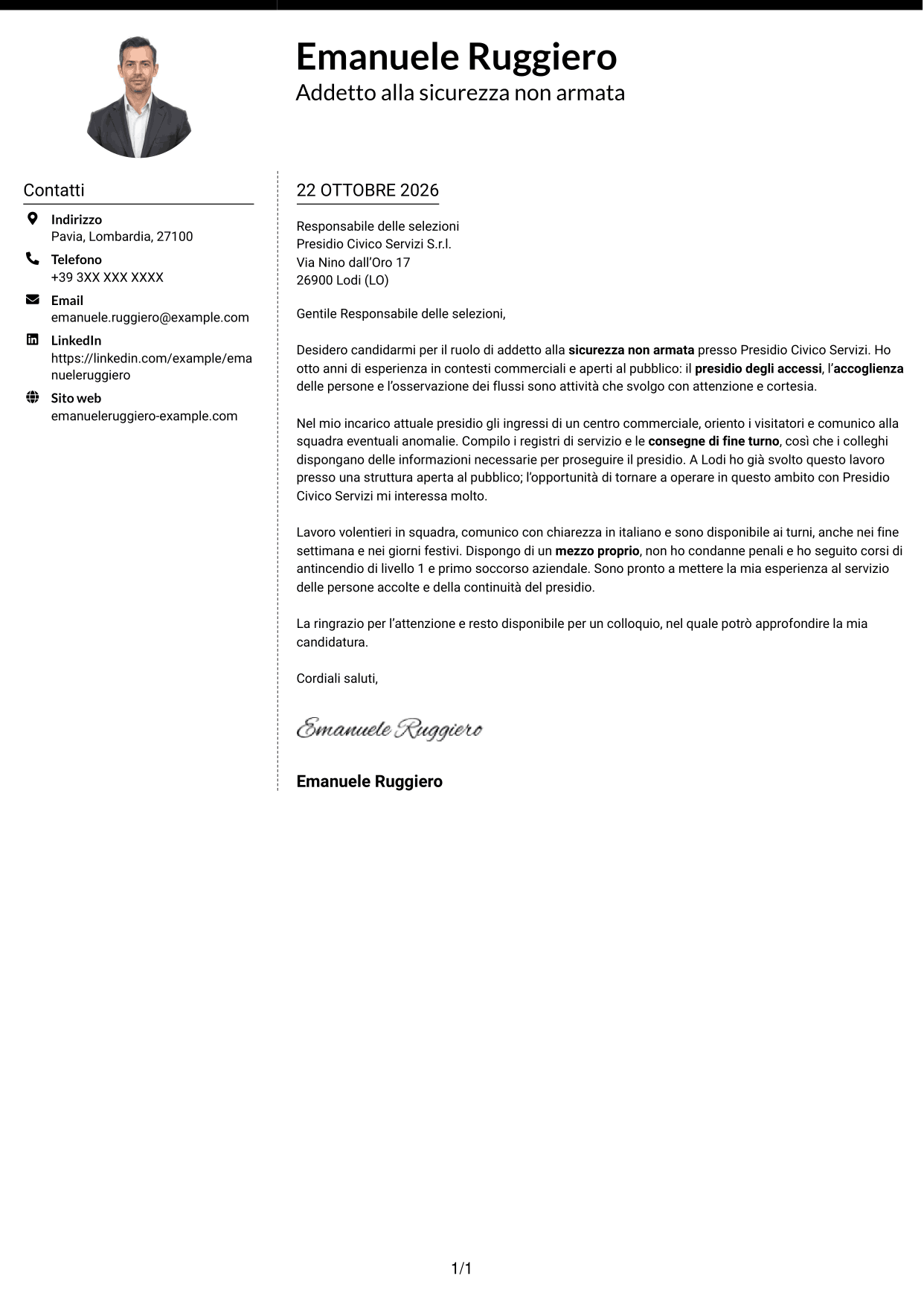 Lettera di presentazione Moderno (formato a due colonne con foto a sinistra e separatore): Addetto alla sicurezza non armata, pagina 1