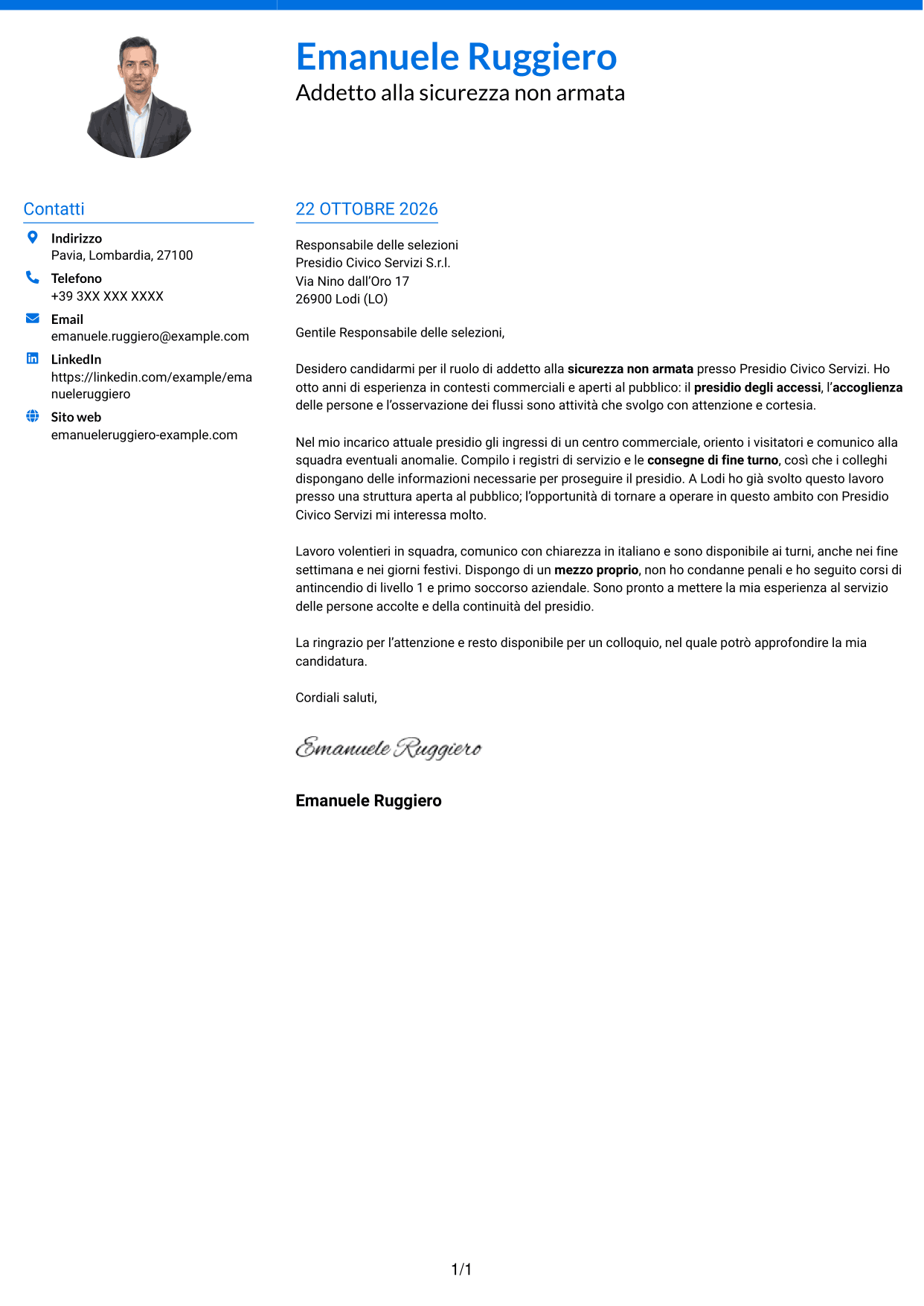 Lettera di presentazione Audace (formato a due colonne con accenti colorati e foto): Addetto alla sicurezza non armata, pagina 1