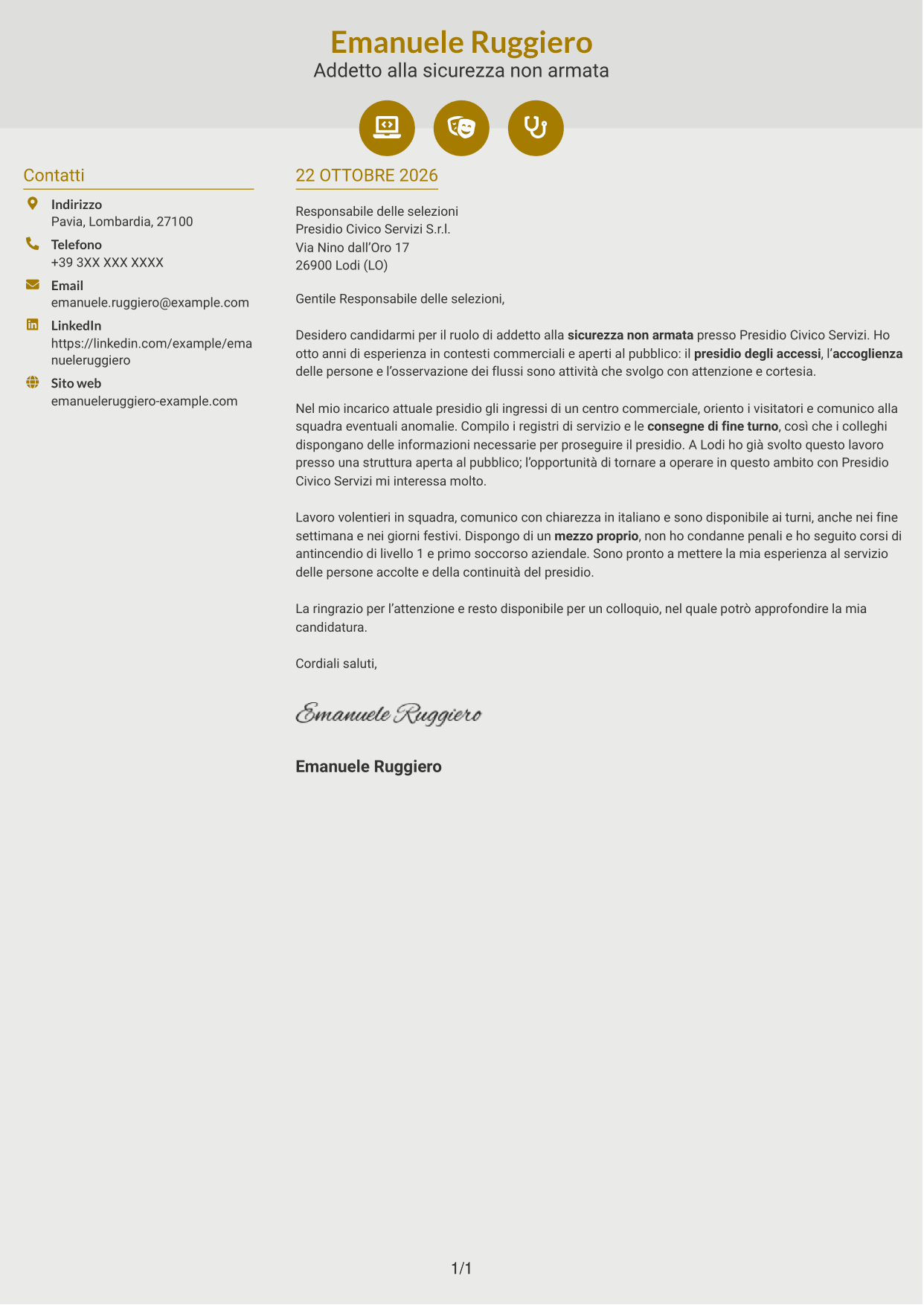 Lettera di presentazione Dinamico (formato a due colonne con icone): Addetto alla sicurezza non armata, pagina 1