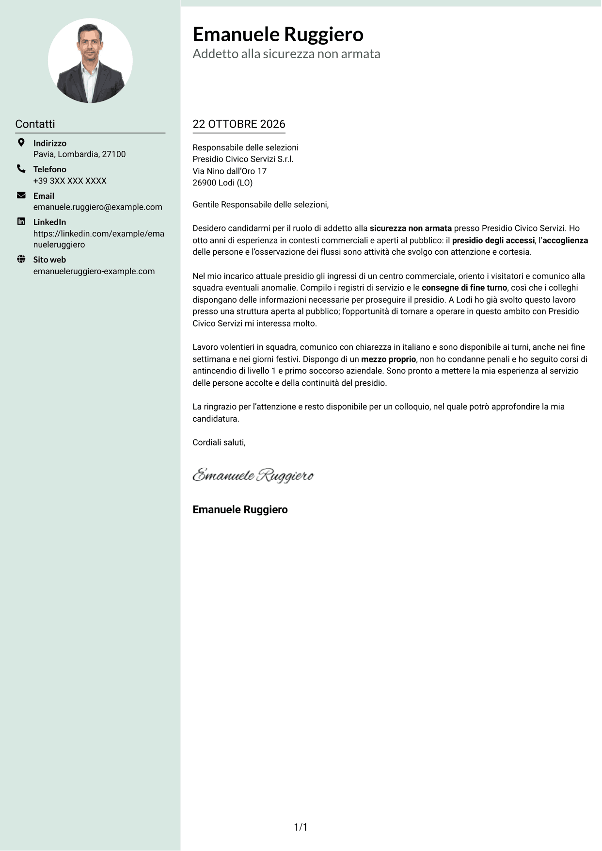 Lettera di presentazione Dirigente (formato con colonna laterale tenue e foto arrotondata): Addetto alla sicurezza non armata, pagina 1