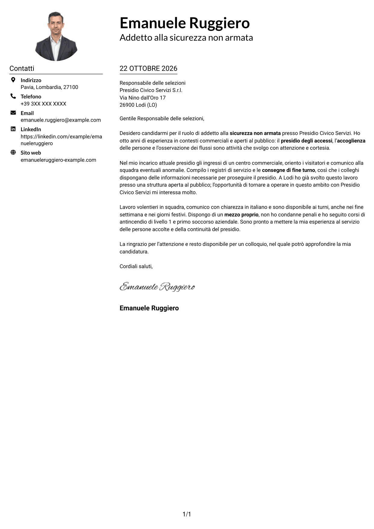 Esempio di lettera di presentazione — pagina 1