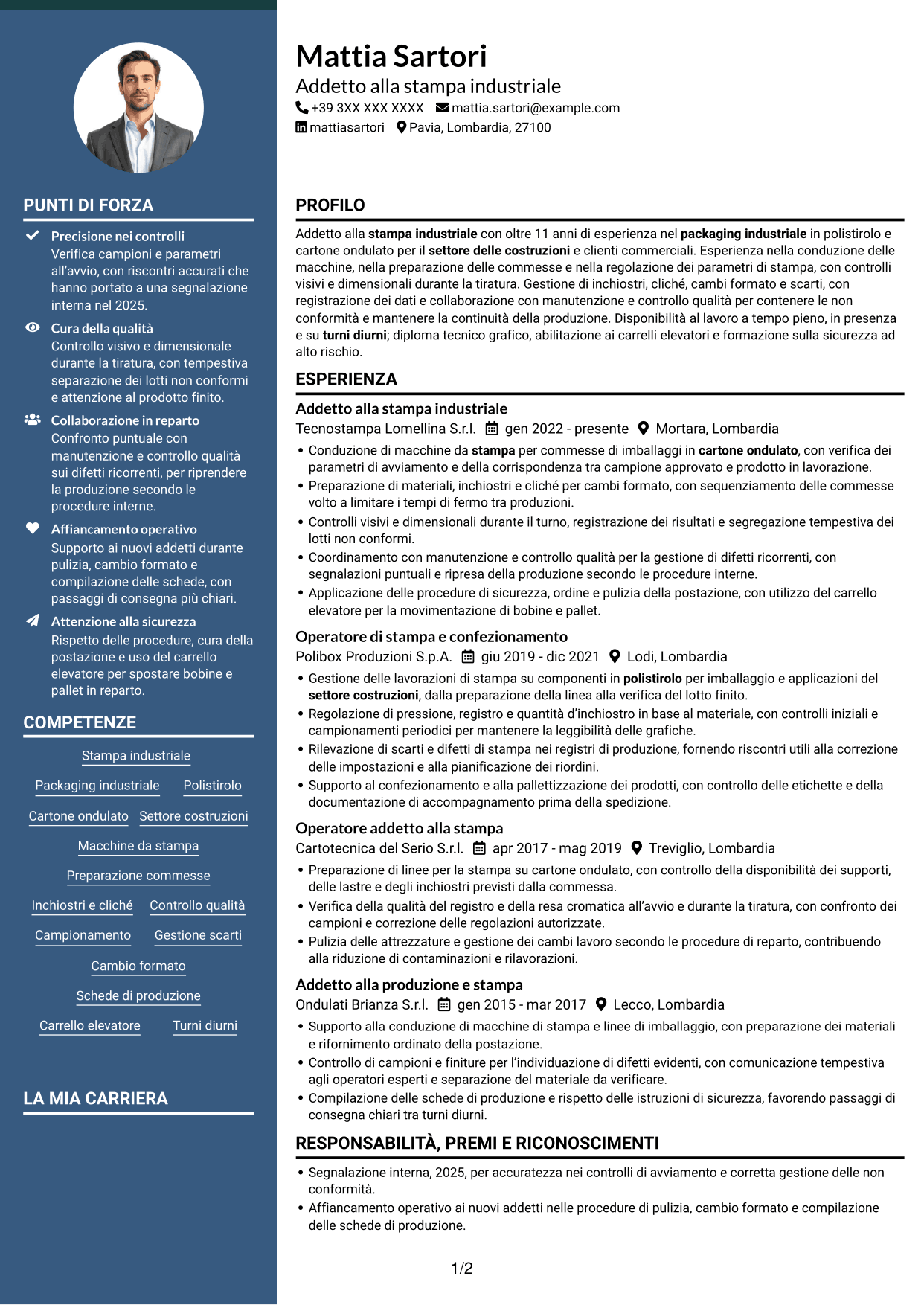 CV Elegante (formato con colonna laterale colorata e foto): Addetto alla stampa - Packaging industriale, pagina 1