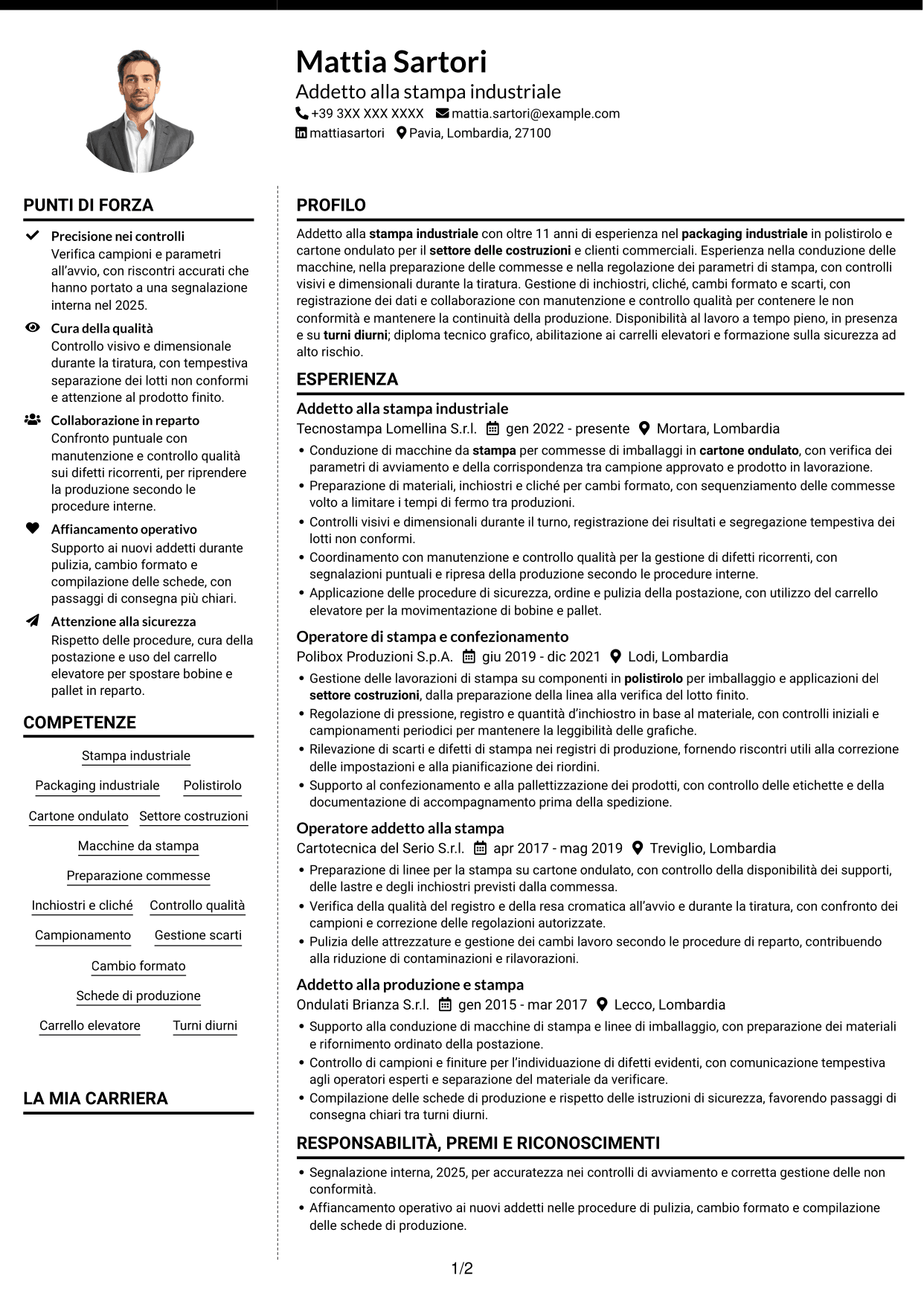 CV Moderno (formato a due colonne con foto a sinistra e separatore): Addetto alla stampa - Packaging industriale, pagina 1