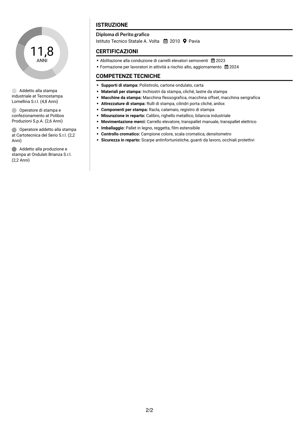 CV Moderno (formato a due colonne con foto a sinistra e separatore): Addetto alla stampa - Packaging industriale, pagina 2