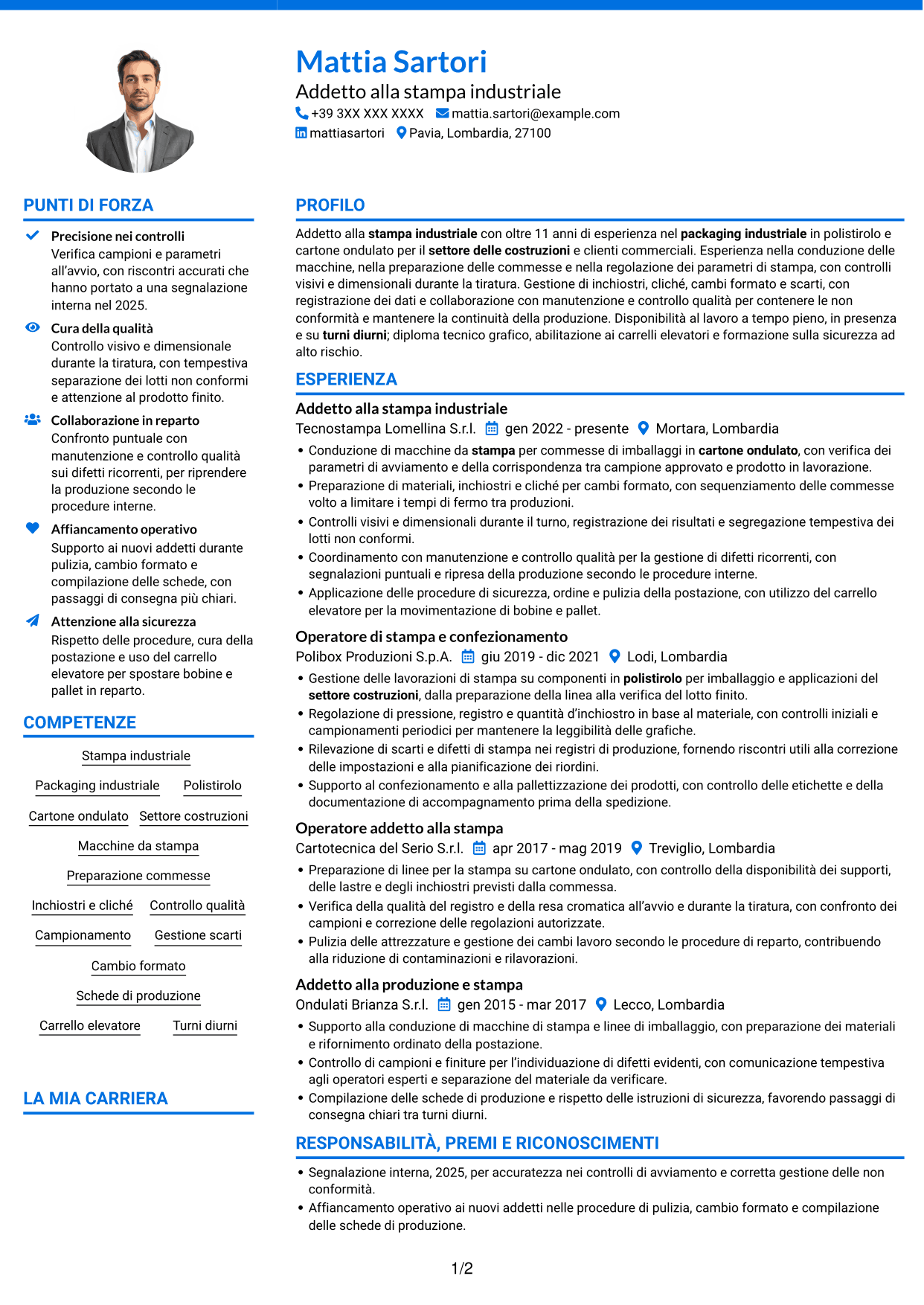 CV Audace (formato a due colonne con accenti colorati e foto): Addetto alla stampa - Packaging industriale, pagina 1