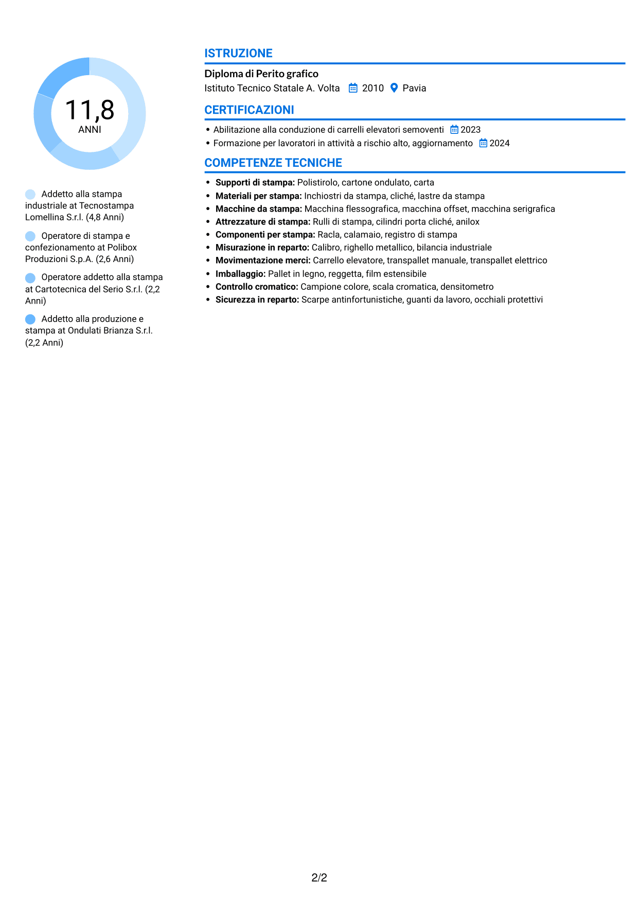 CV Audace (formato a due colonne con accenti colorati e foto): Addetto alla stampa - Packaging industriale, pagina 2