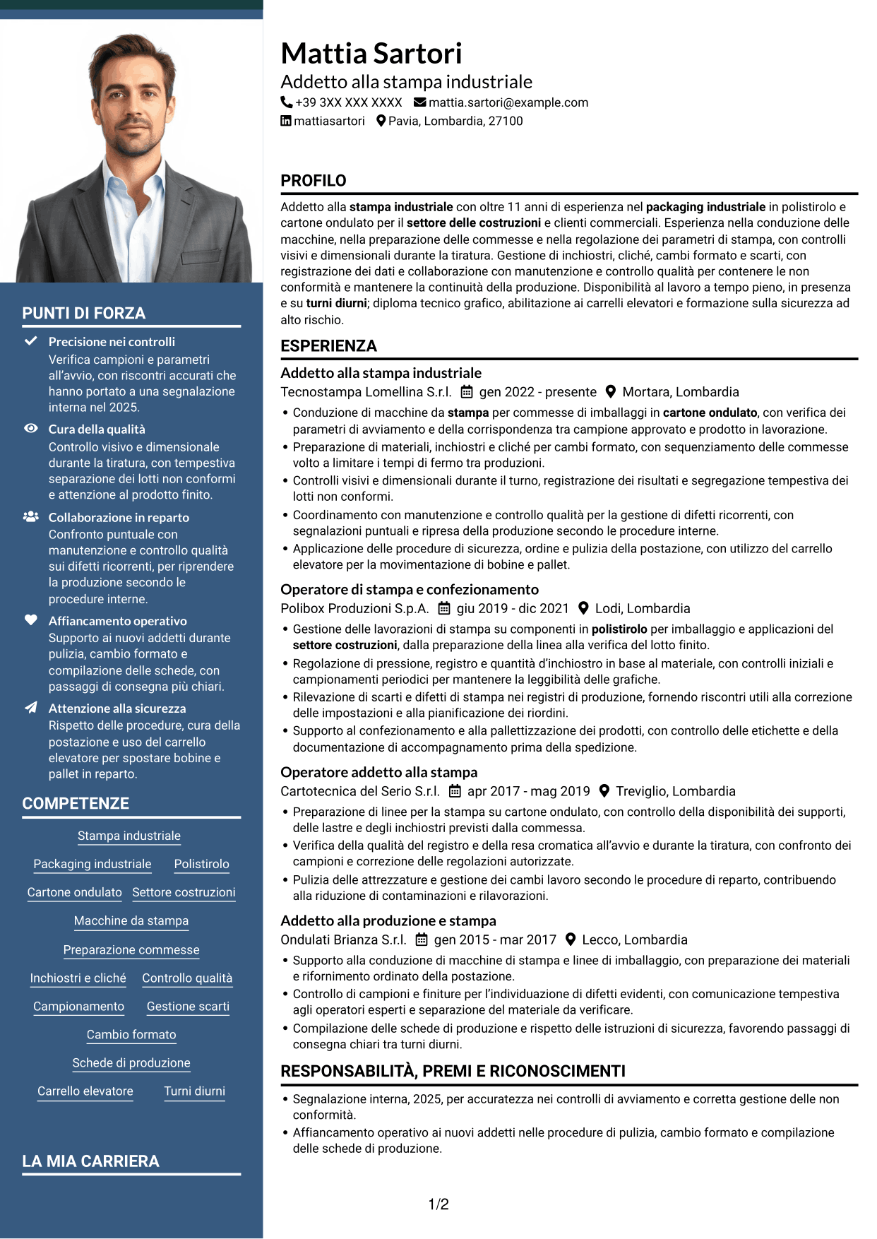 CV Signature (formato con colonna laterale colorata e foto grande): Addetto alla stampa - Packaging industriale, pagina 1