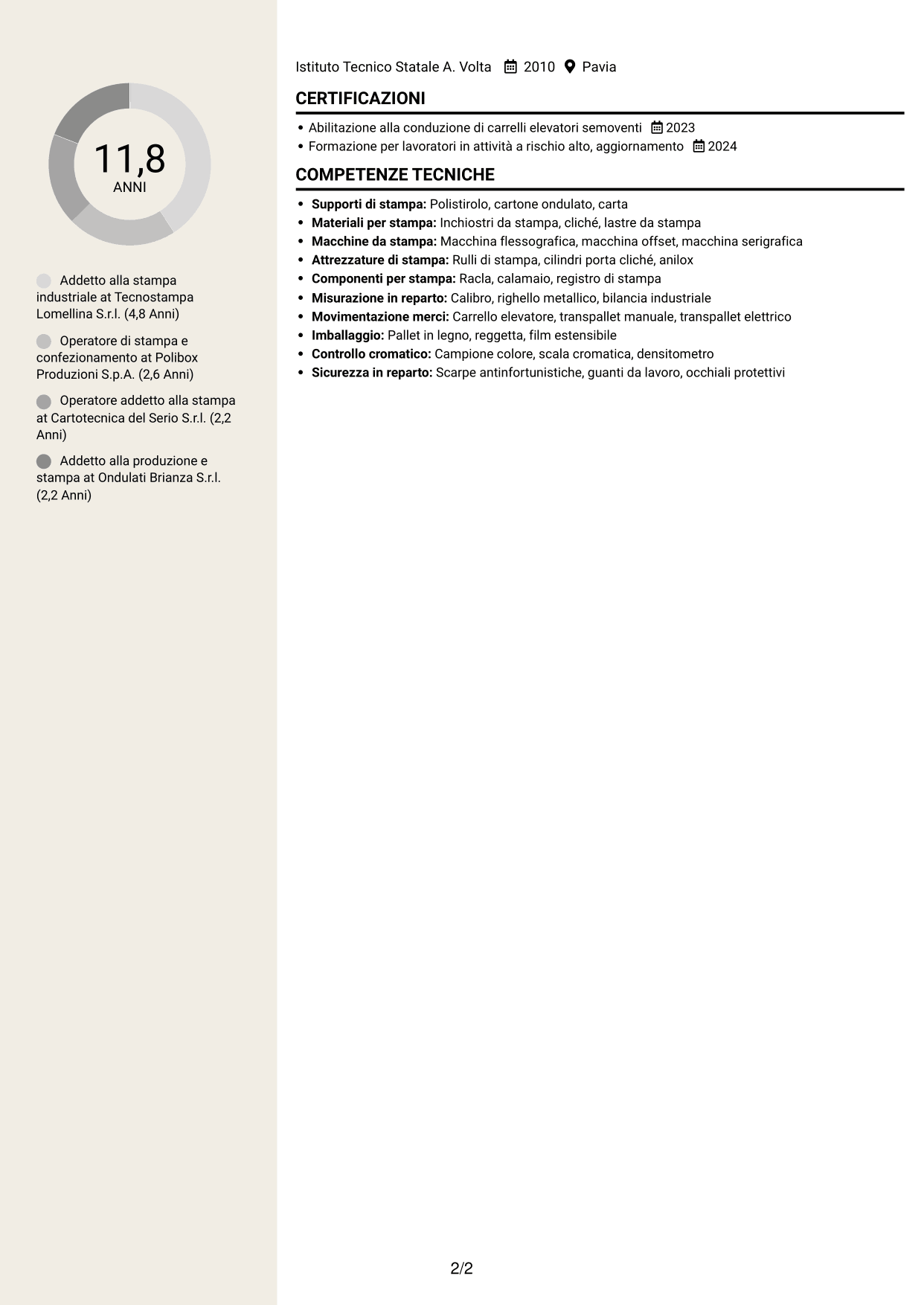 CV Intraprendente (formato a due colonne con intestazione centrata senza foto): Addetto alla stampa - Packaging industriale, pagina 2