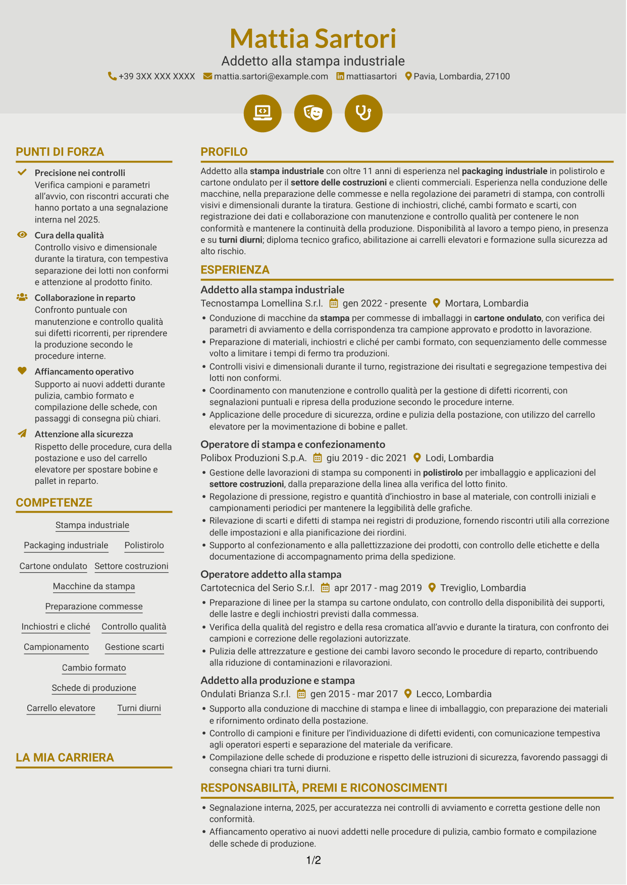 CV Dinamico (formato a due colonne con icone): Addetto alla stampa - Packaging industriale, pagina 1