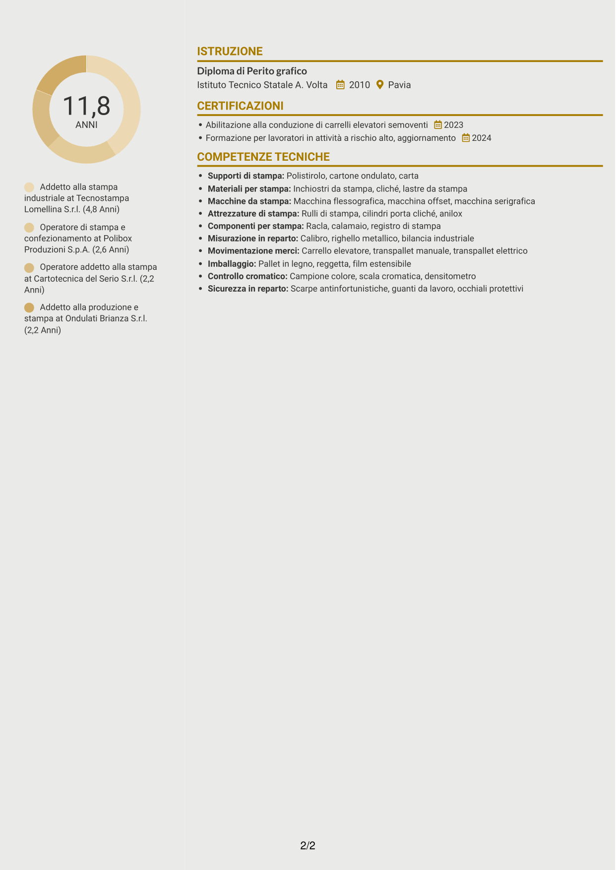 CV Dinamico (formato a due colonne con icone): Addetto alla stampa - Packaging industriale, pagina 2