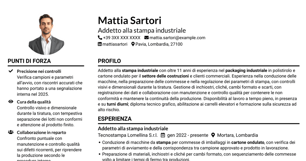 7 modelli di CV per Addetto alla stampa - Packaging industriale, con esempi