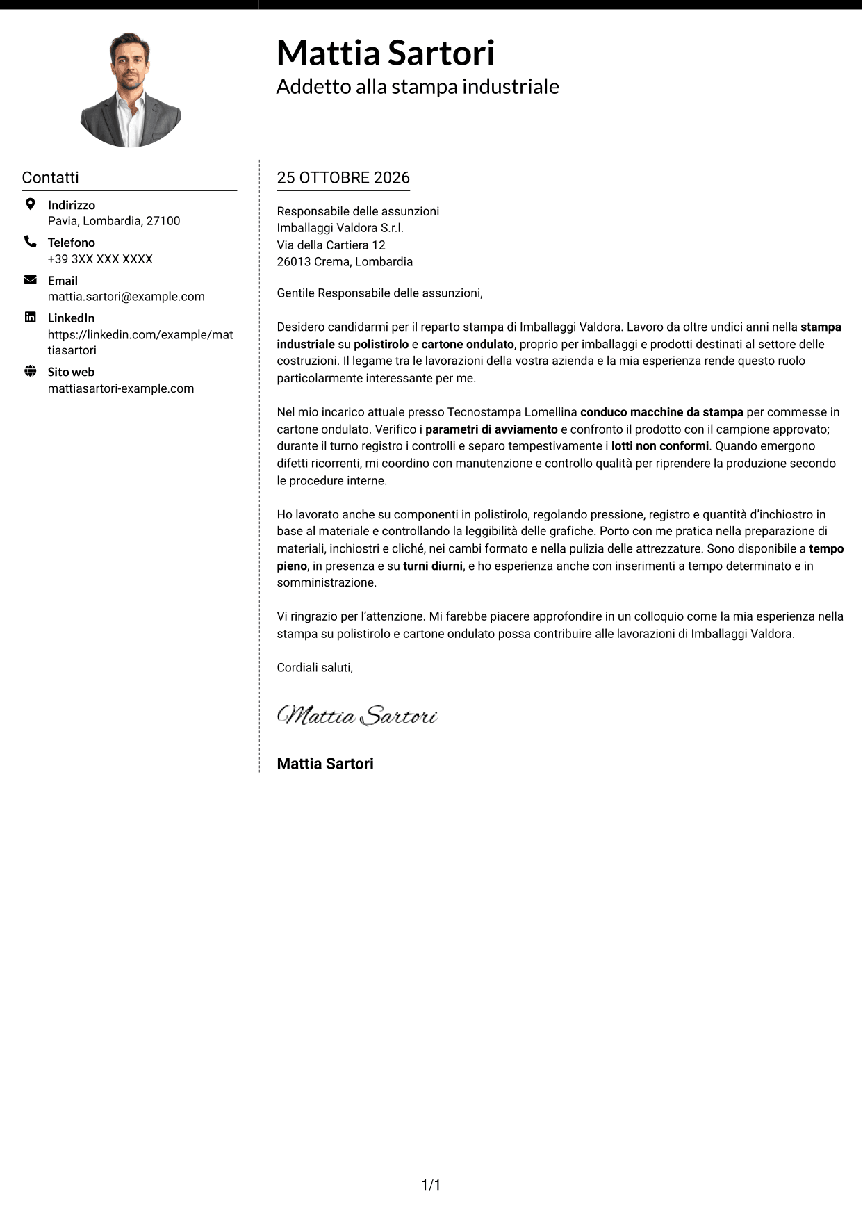Lettera di presentazione Moderno (formato a due colonne con foto a sinistra e separatore): Addetto alla stampa - Packaging industriale, pagina 1