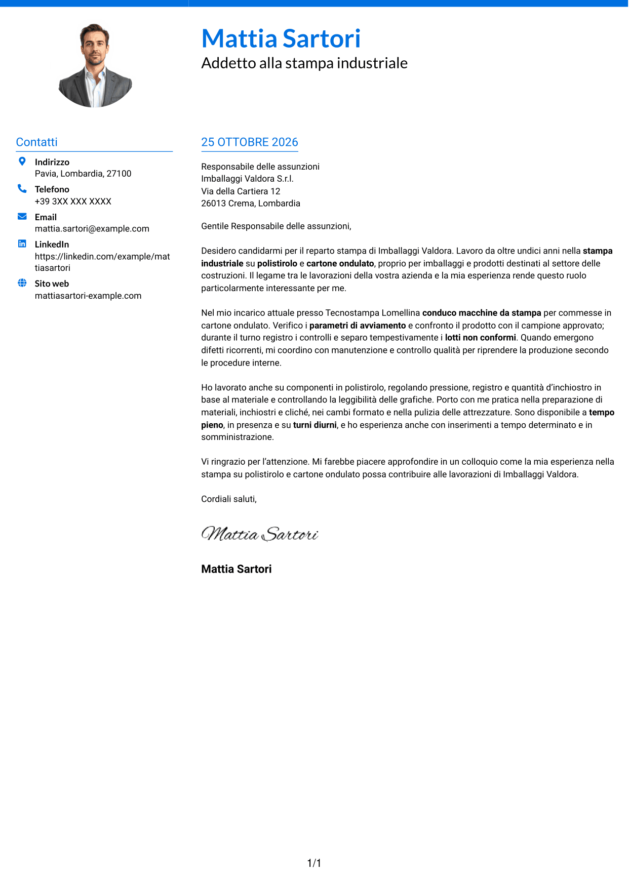 Lettera di presentazione Audace (formato a due colonne con accenti colorati e foto): Addetto alla stampa - Packaging industriale, pagina 1