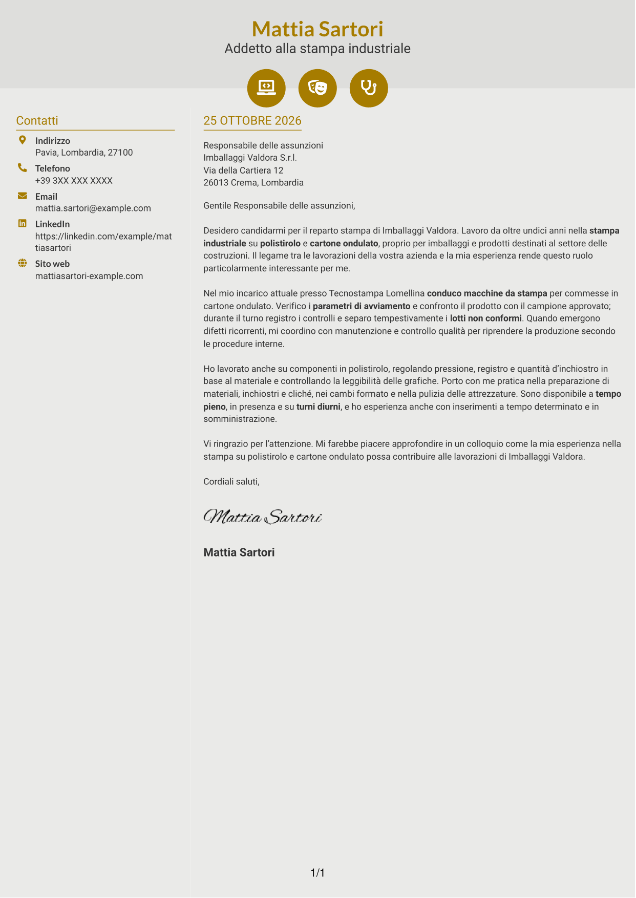 Lettera di presentazione Dinamico (formato a due colonne con icone): Addetto alla stampa - Packaging industriale, pagina 1