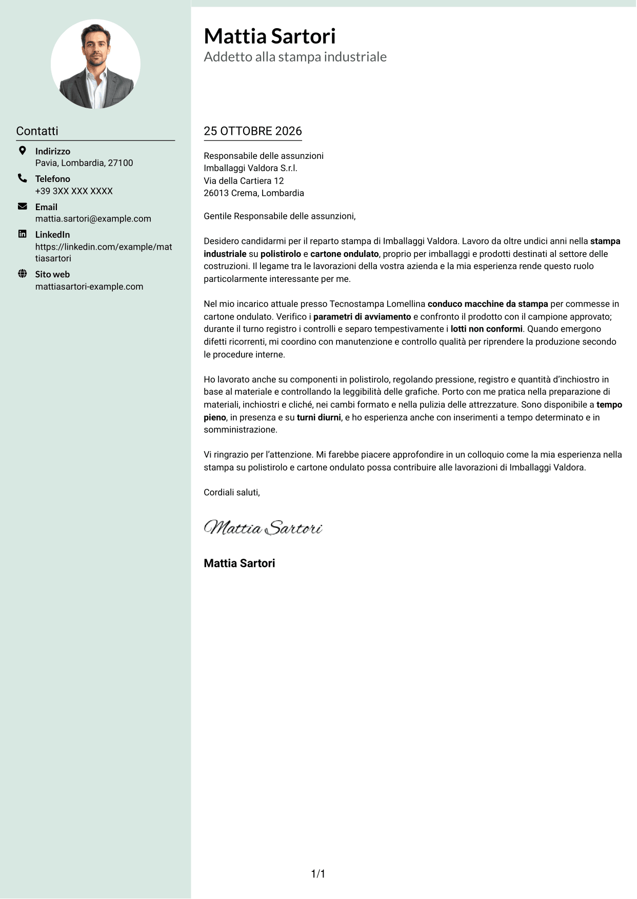 Lettera di presentazione Dirigente (formato con colonna laterale tenue e foto arrotondata): Addetto alla stampa - Packaging industriale, pagina 1