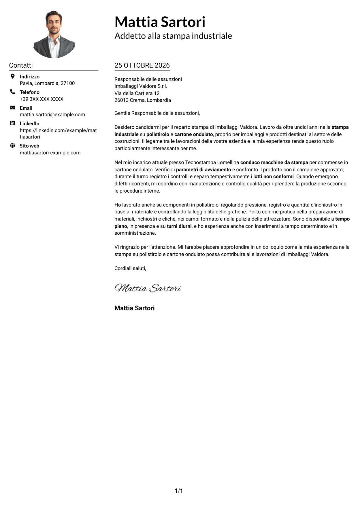 Esempio di lettera di presentazione — pagina 1