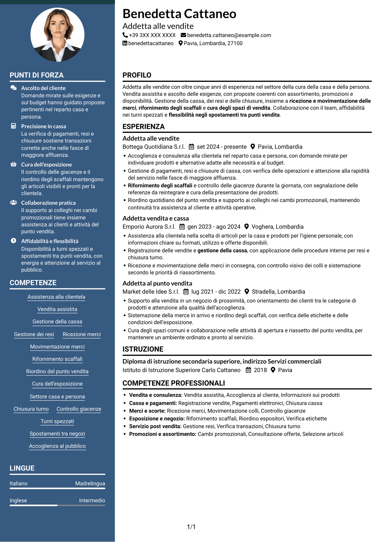 CV Elegante (formato con colonna laterale colorata e foto): Addetto alle vendite - Cura della casa e della persona, pagina 1