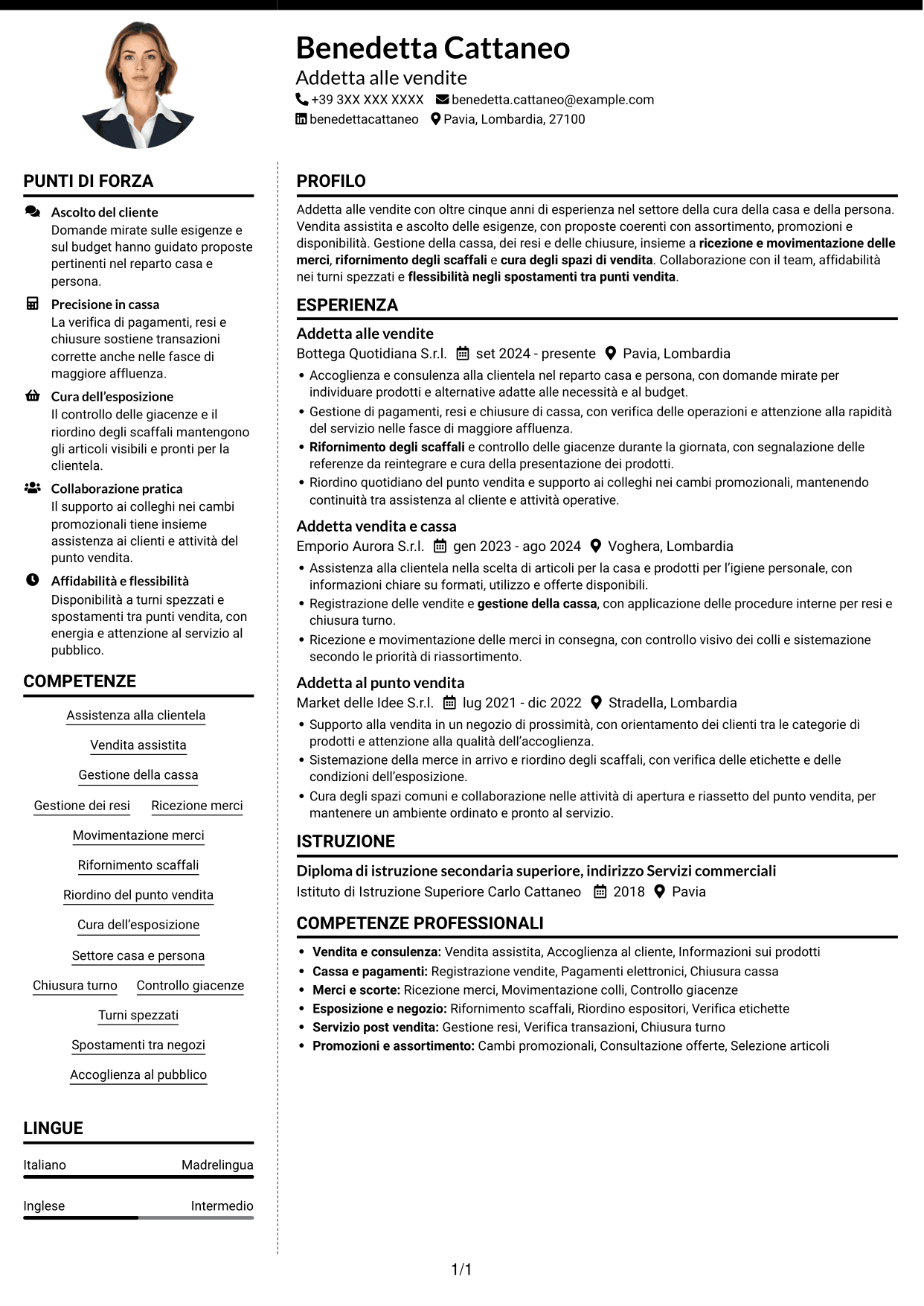 CV Moderno (formato a due colonne con foto a sinistra e separatore): Addetto alle vendite - Cura della casa e della persona, pagina 1