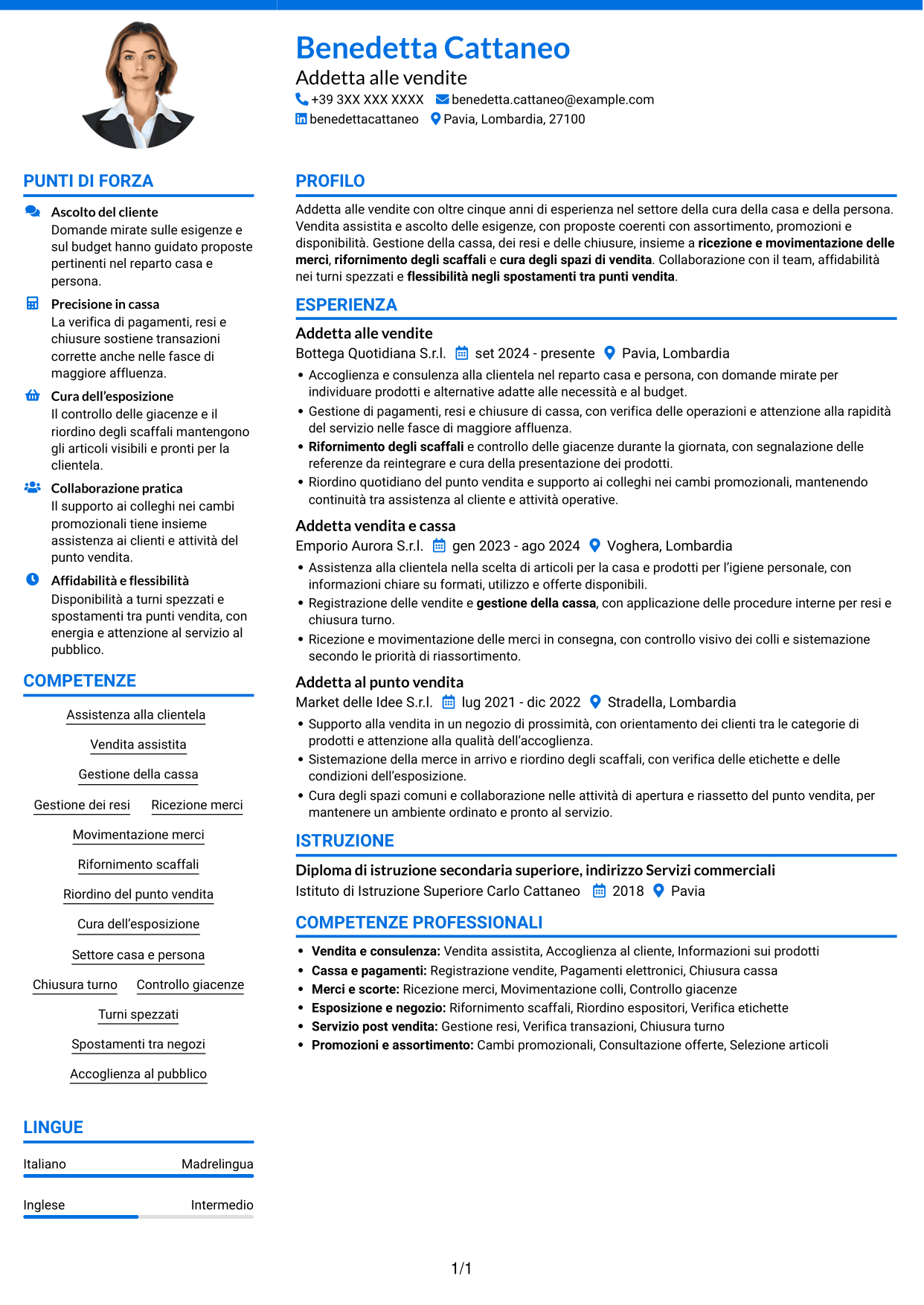 CV Audace (formato a due colonne con accenti colorati e foto): Addetto alle vendite - Cura della casa e della persona, pagina 1