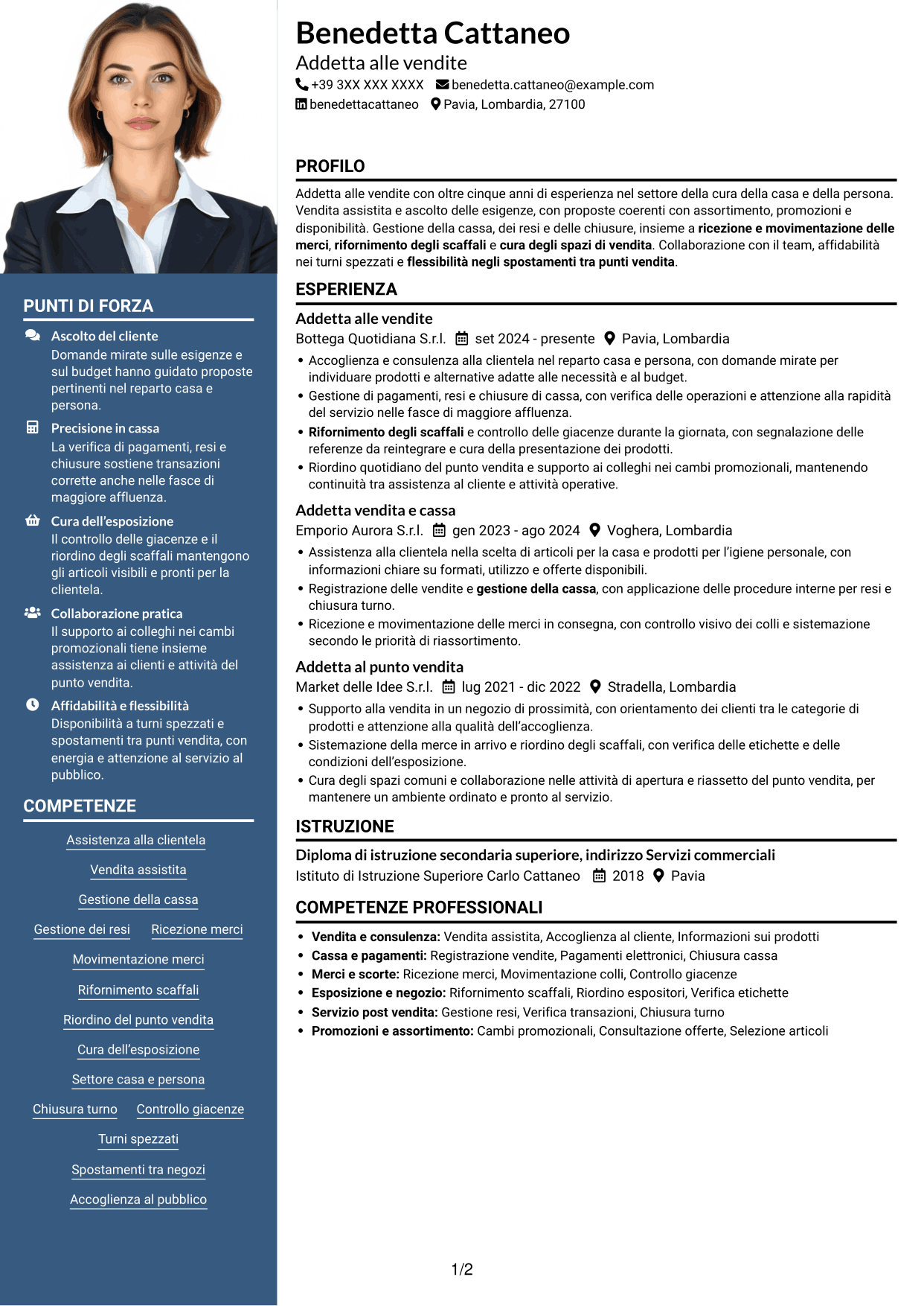 CV Signature (formato con colonna laterale colorata e foto grande): Addetto alle vendite - Cura della casa e della persona, pagina 1