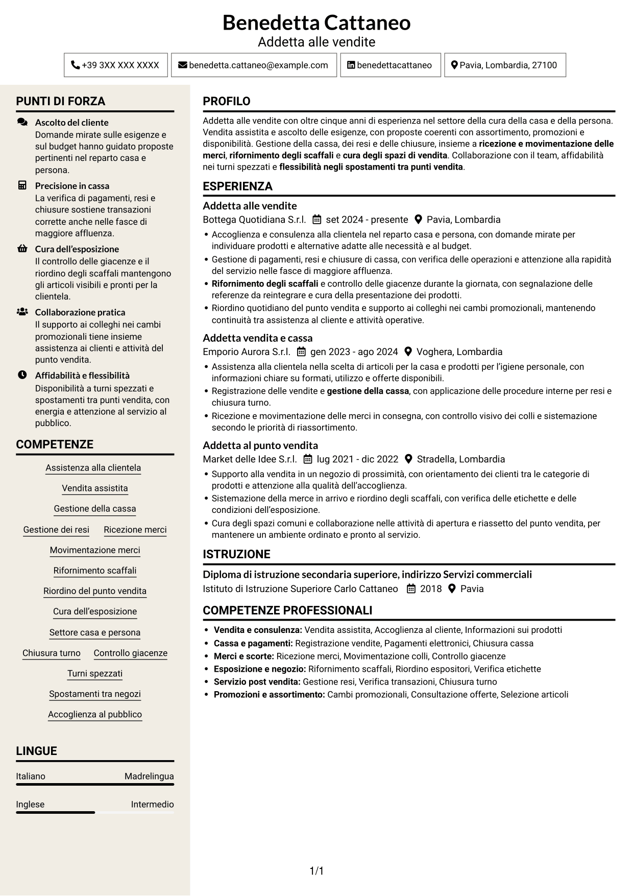 CV Intraprendente (formato a due colonne con intestazione centrata senza foto): Addetto alle vendite - Cura della casa e della persona, pagina 1