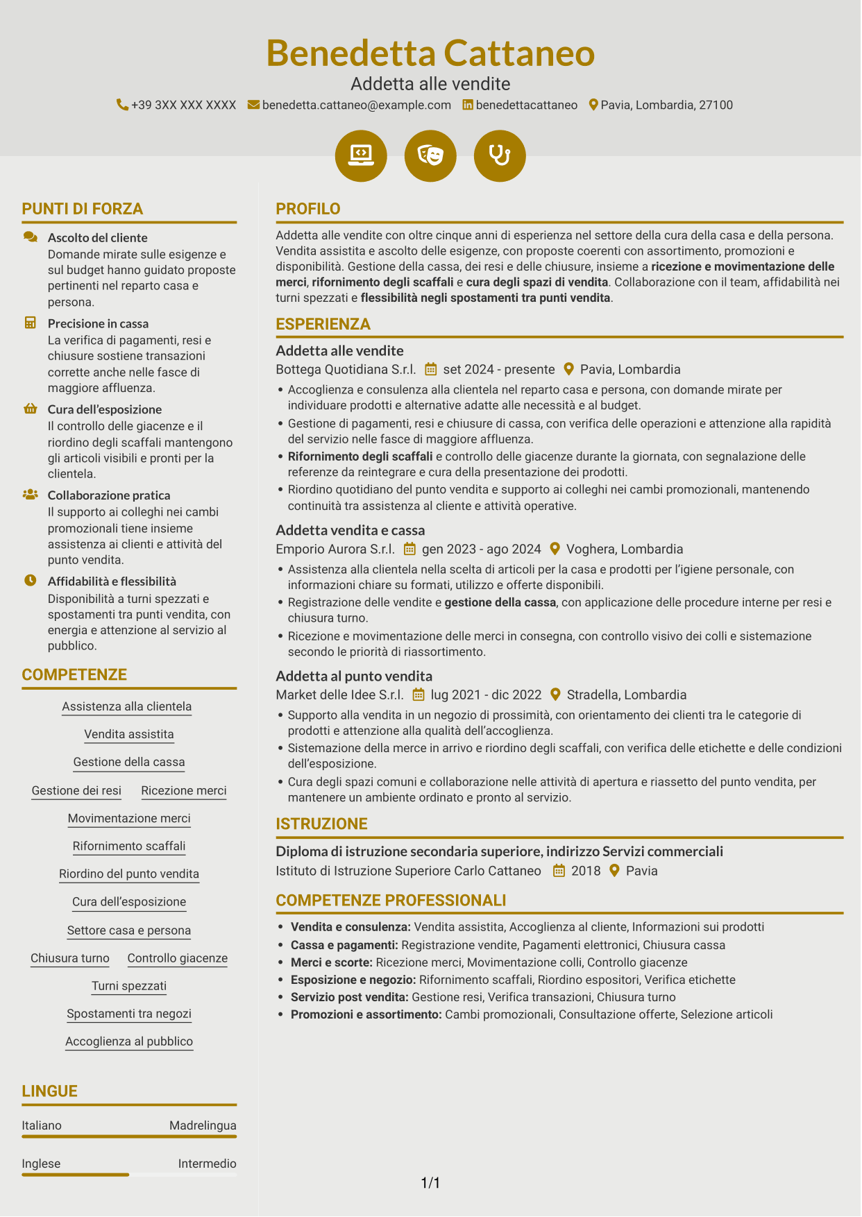 CV Dinamico (formato a due colonne con icone): Addetto alle vendite - Cura della casa e della persona, pagina 1