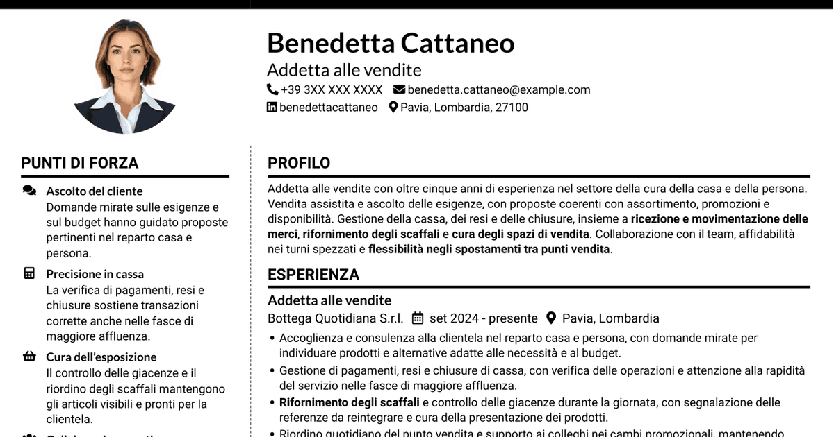 7 modelli di CV per Addetto alle vendite - Cura della casa e della persona, con esempi