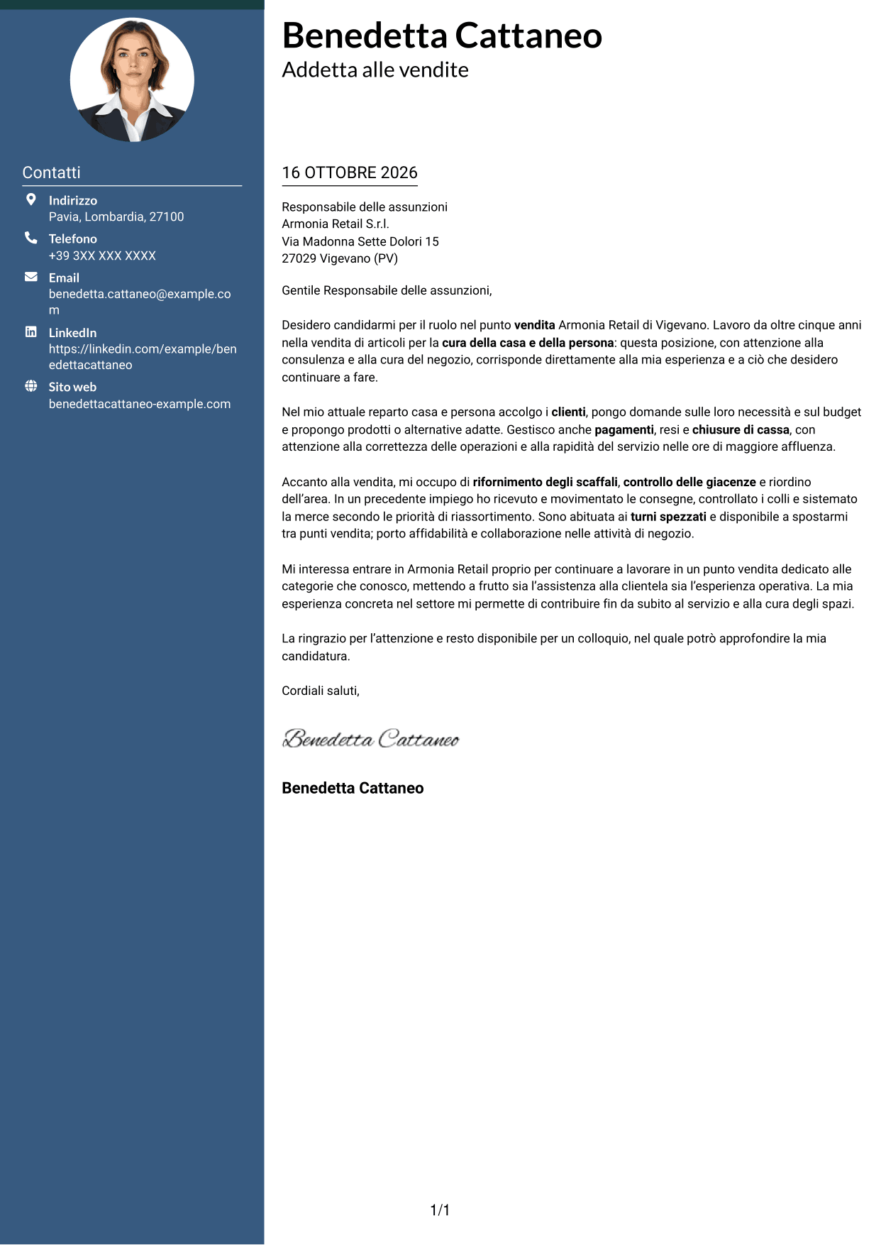 Lettera di presentazione Elegante (formato con colonna laterale colorata e foto): Addetto alle vendite - Cura della casa e della persona, pagina 1