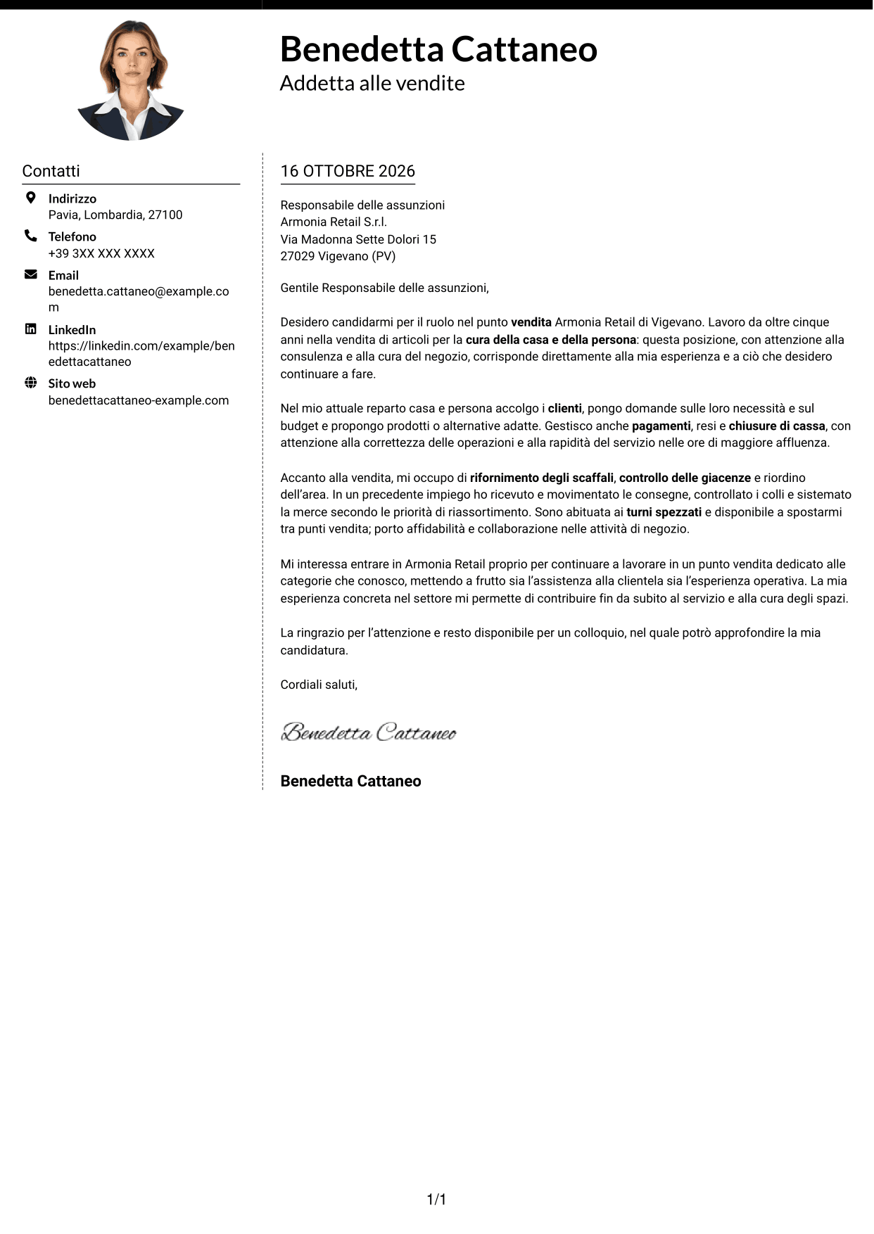 Lettera di presentazione Moderno (formato a due colonne con foto a sinistra e separatore): Addetto alle vendite - Cura della casa e della persona, pagina 1