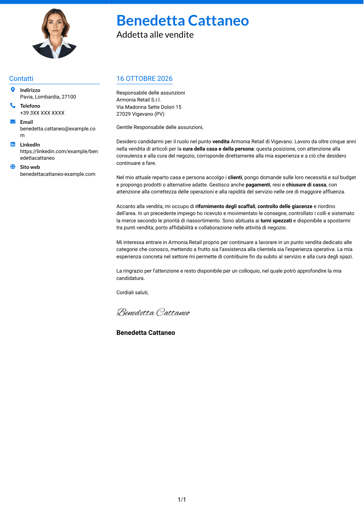 Lettera di presentazione Audace (formato a due colonne con accenti colorati e foto): Addetto alle vendite - Cura della casa e della persona, pagina 1