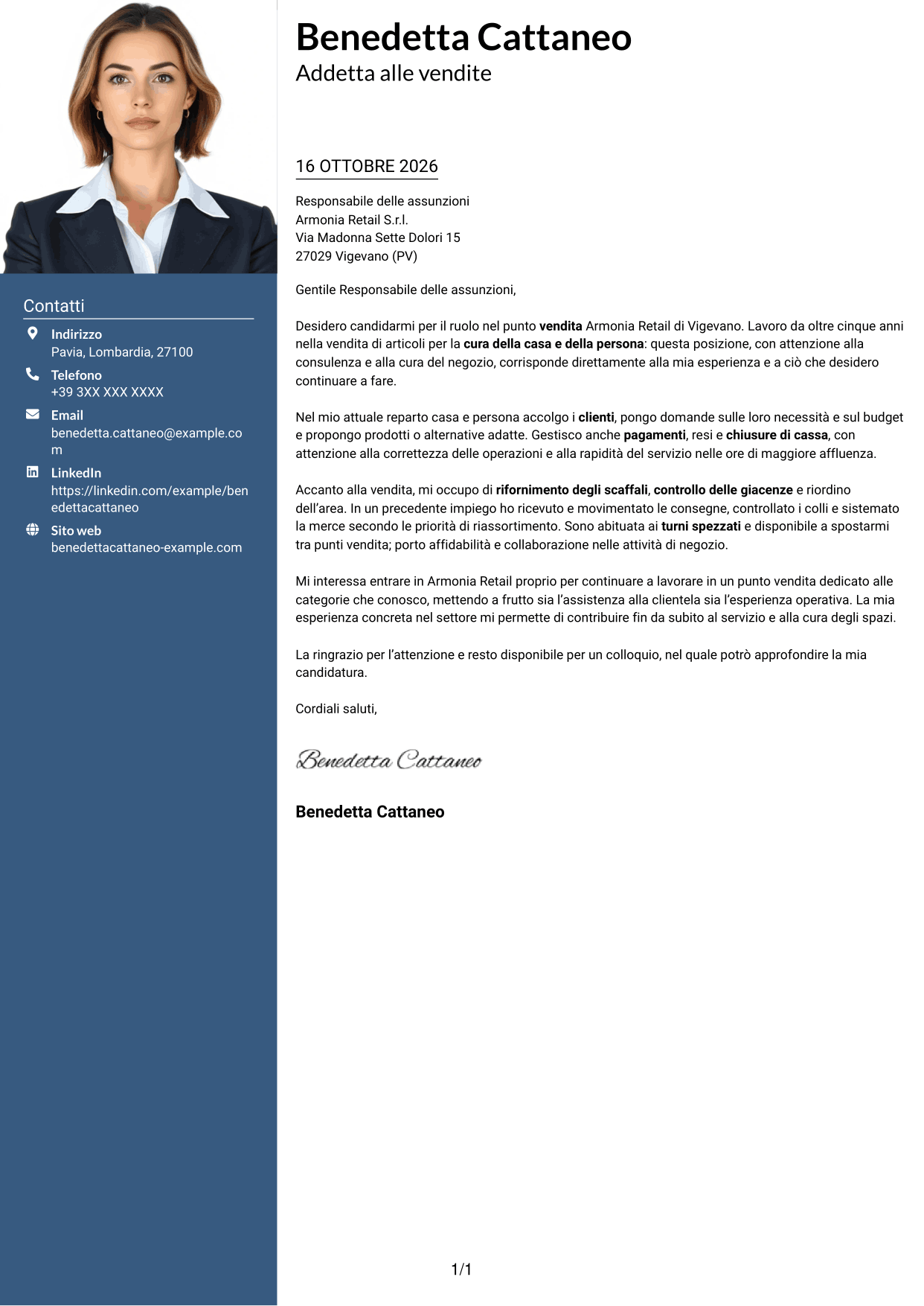 Lettera di presentazione Signature (formato con colonna laterale colorata e foto grande): Addetto alle vendite - Cura della casa e della persona, pagina 1