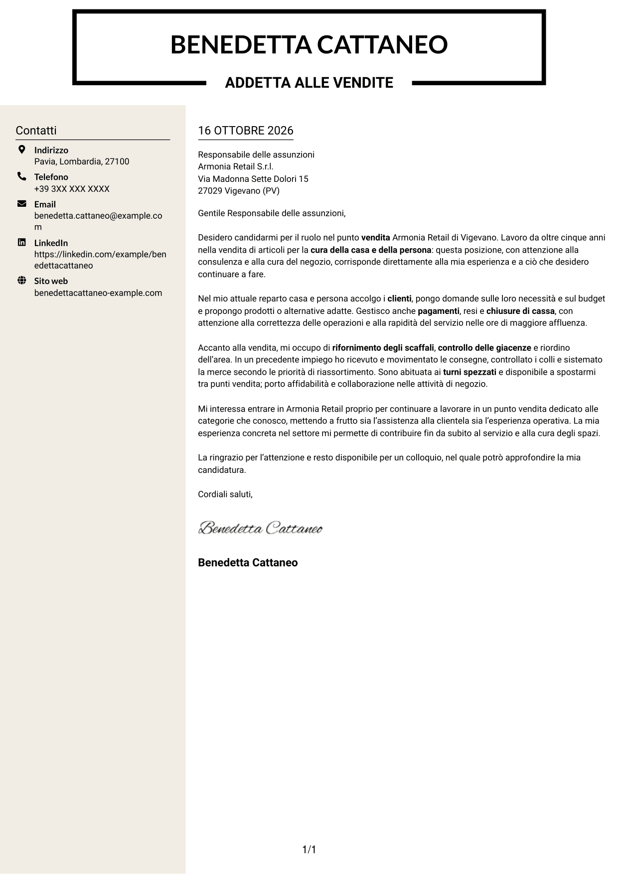 Lettera di presentazione Intraprendente (formato a due colonne con intestazione centrata senza foto): Addetto alle vendite - Cura della casa e della persona, pagina 1