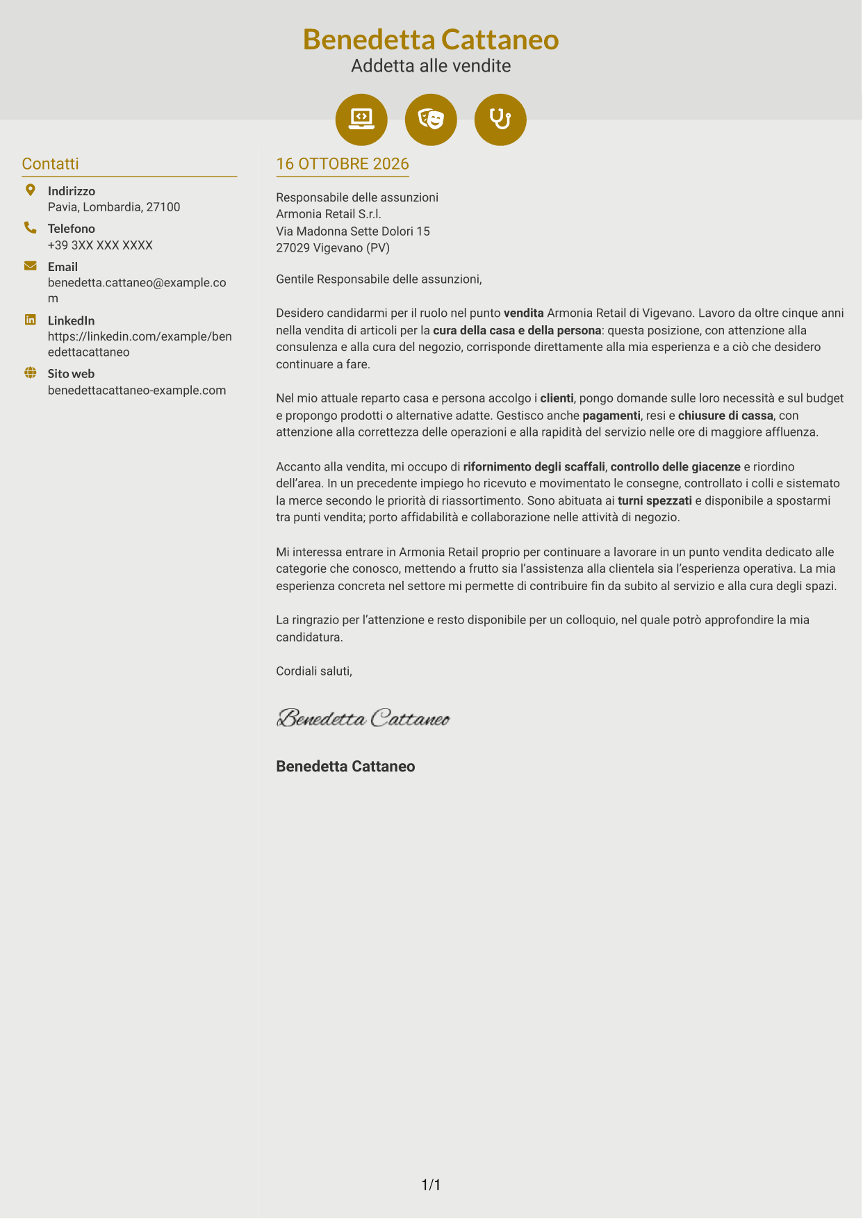 Lettera di presentazione Dinamico (formato a due colonne con icone): Addetto alle vendite - Cura della casa e della persona, pagina 1