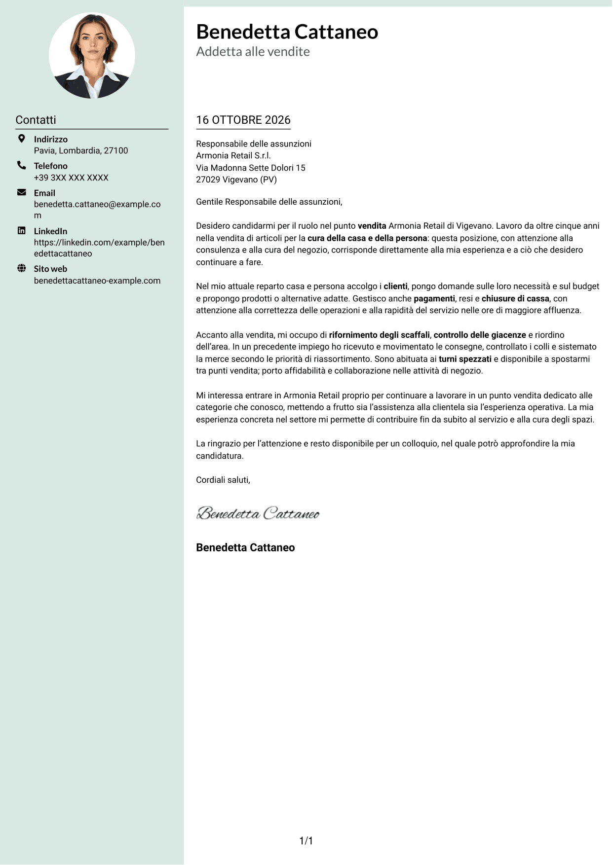 Lettera di presentazione Dirigente (formato con colonna laterale tenue e foto arrotondata): Addetto alle vendite - Cura della casa e della persona, pagina 1