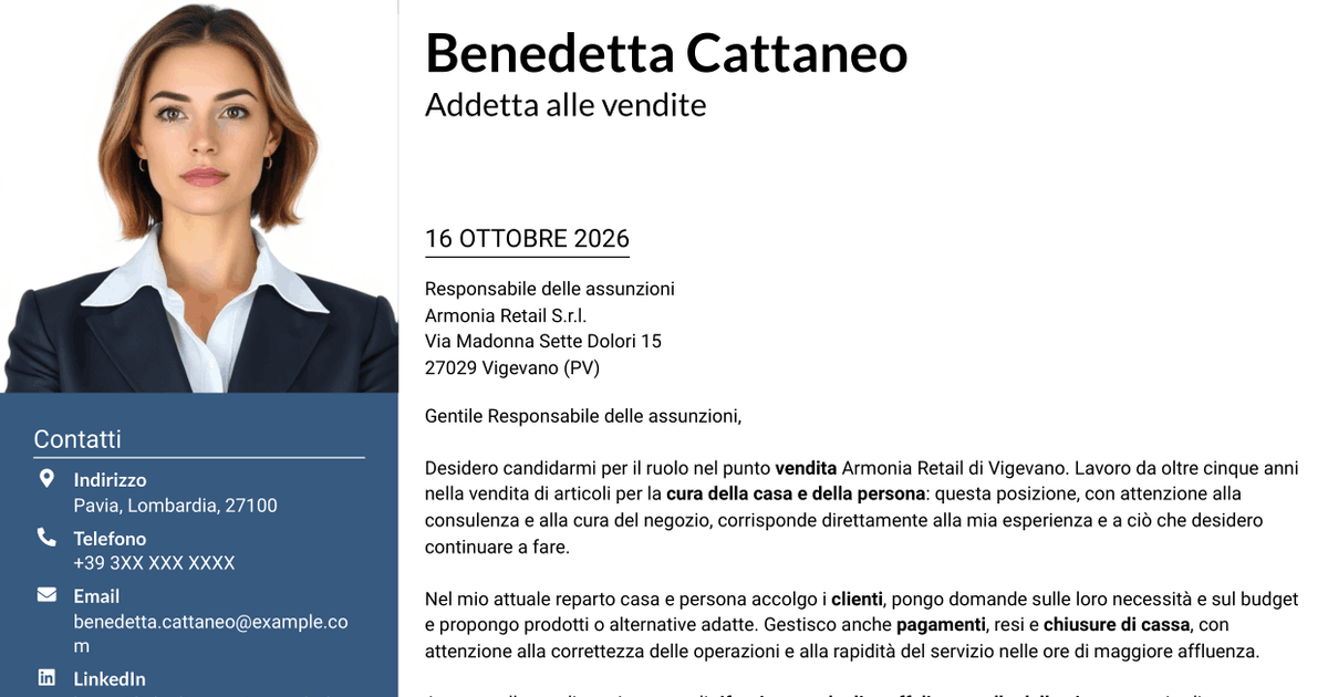 7 modelli di lettera di presentazione per Addetto alle vendite - Cura della casa e della persona, con esempi