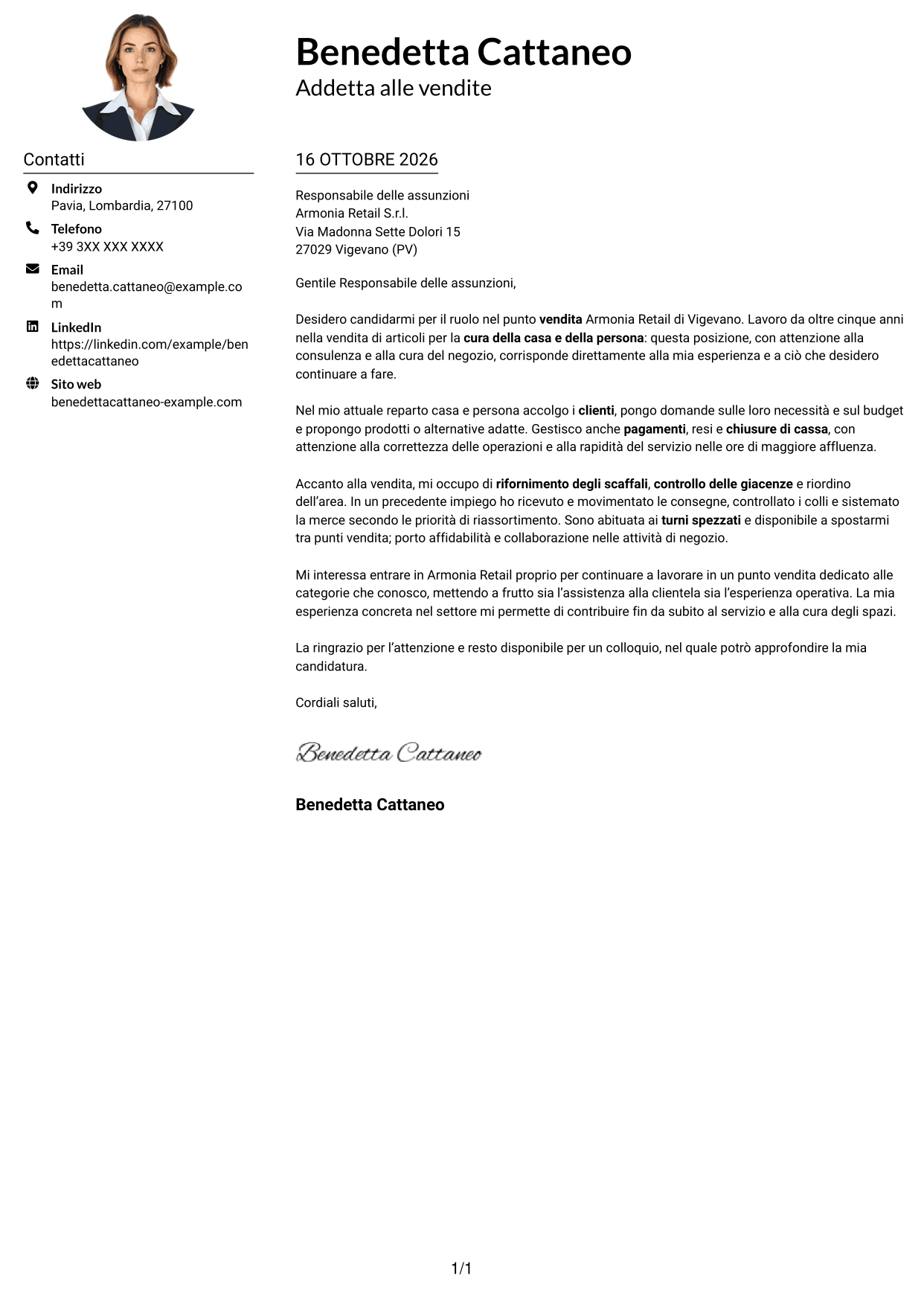 Esempio di lettera di presentazione — pagina 1