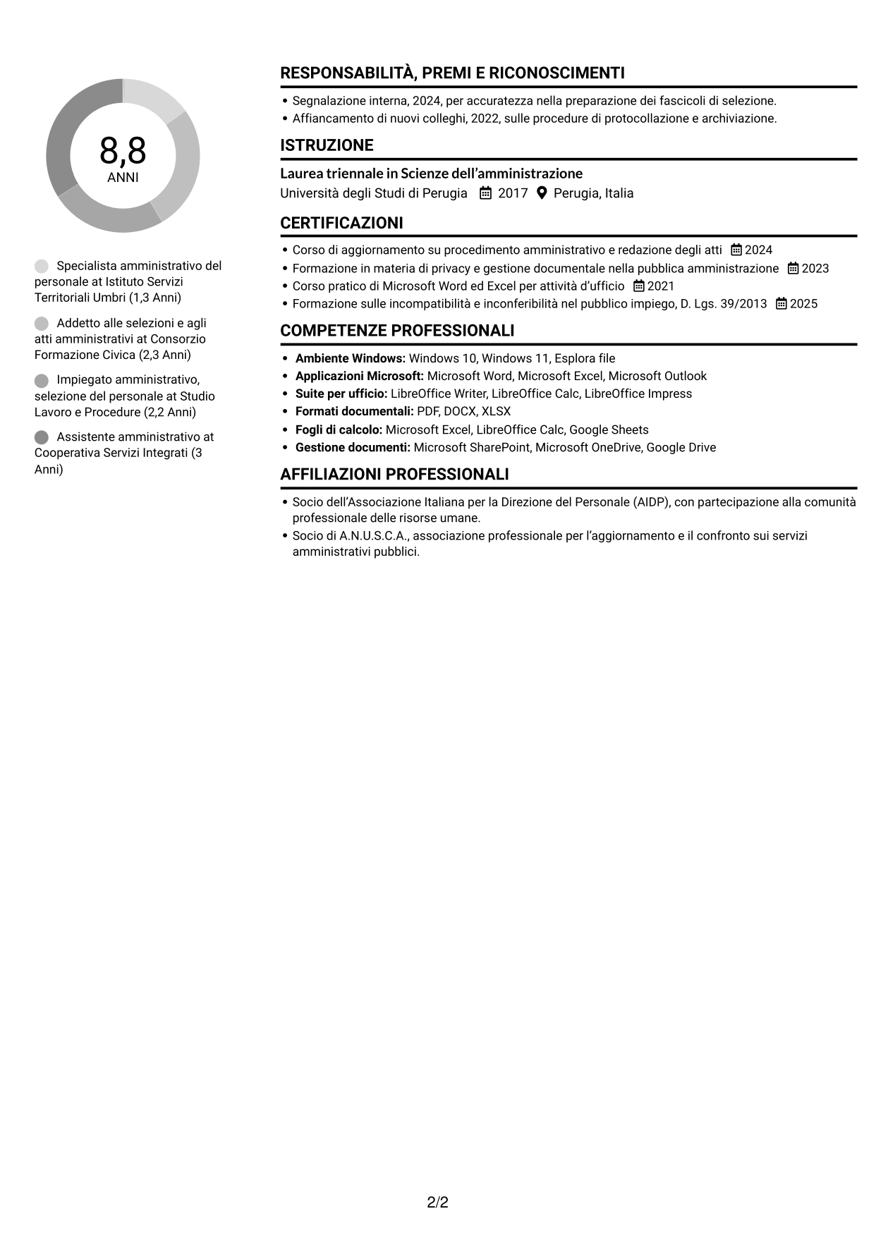 CV Compatto (formato sobrio a due colonne con foto): Addetto amministrativo - Procedure concorsuali, pagina 2