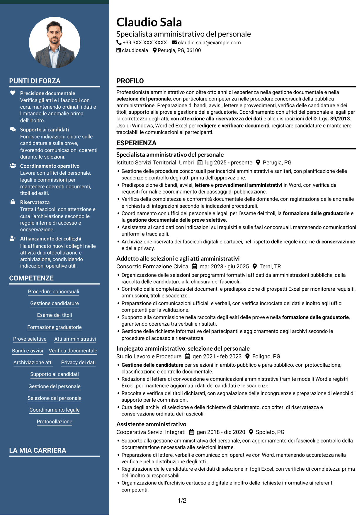 CV Elegante (formato con colonna laterale colorata e foto): Addetto amministrativo - Procedure concorsuali, pagina 1