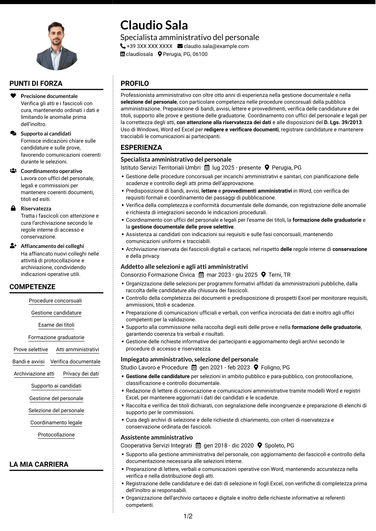 CV Moderno (formato a due colonne con foto a sinistra e separatore): Addetto amministrativo - Procedure concorsuali, pagina 1