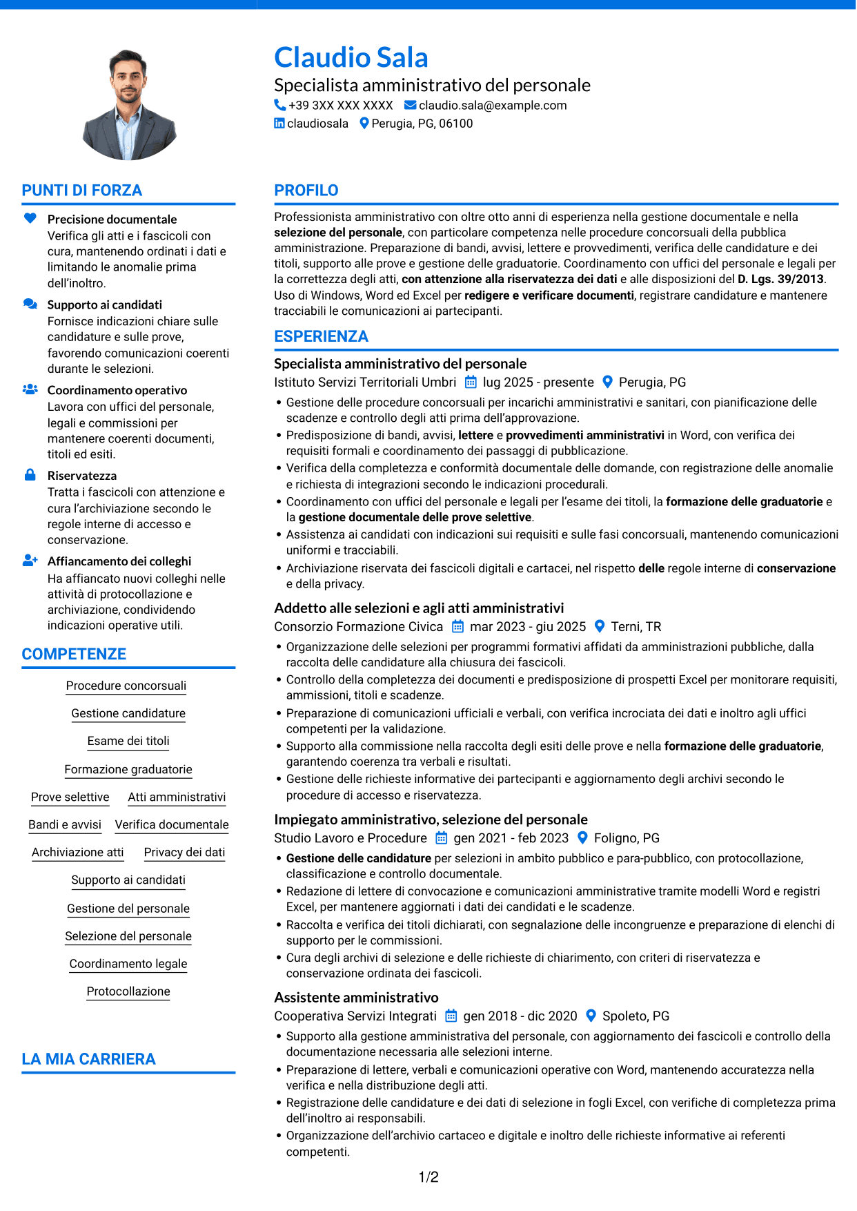 CV Audace (formato a due colonne con accenti colorati e foto): Addetto amministrativo - Procedure concorsuali, pagina 1