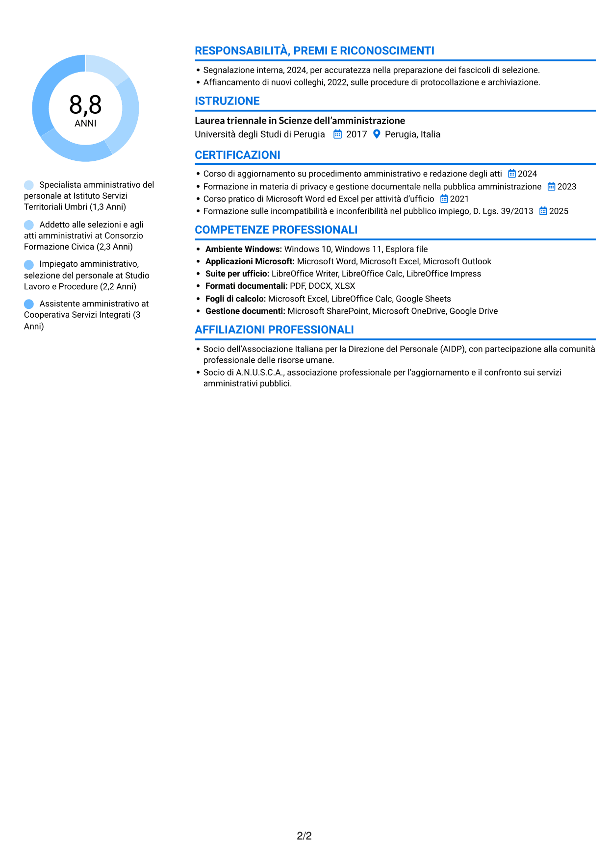 CV Audace (formato a due colonne con accenti colorati e foto): Addetto amministrativo - Procedure concorsuali, pagina 2