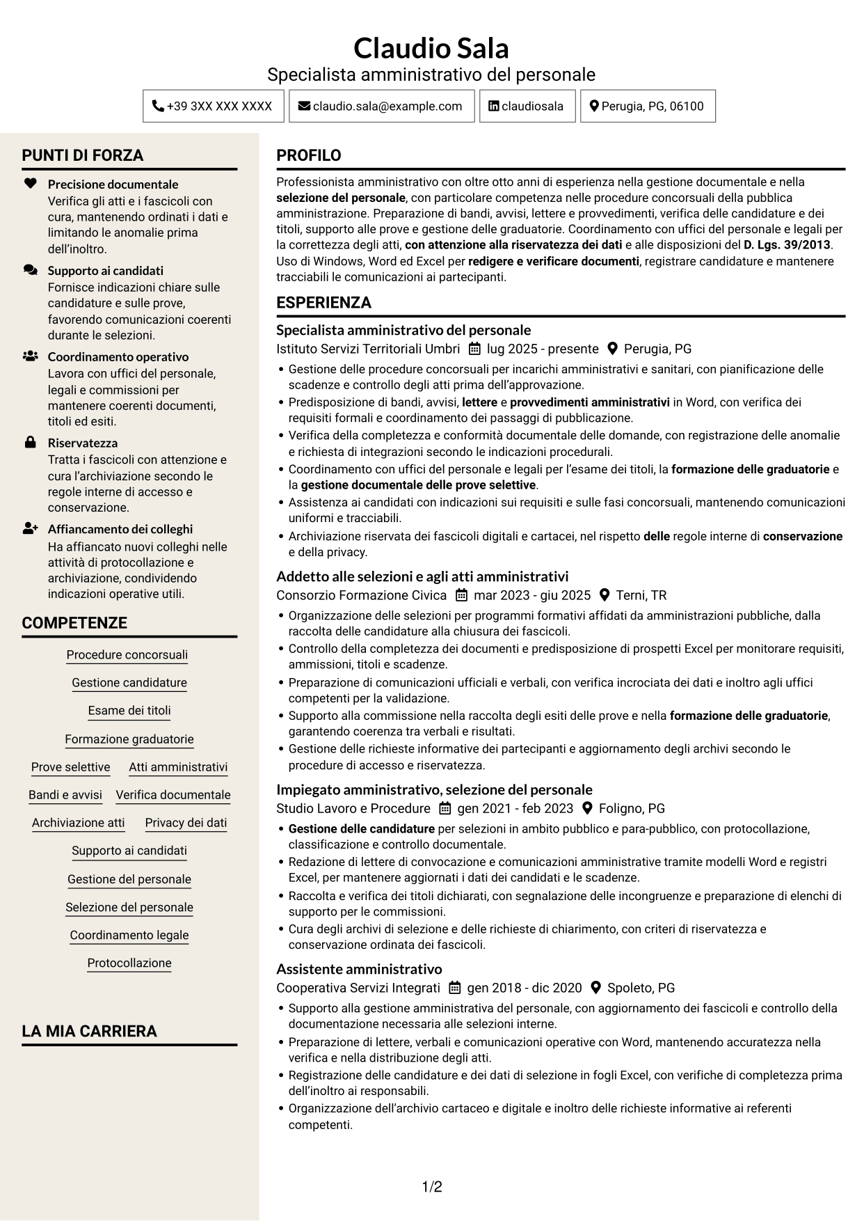 CV Intraprendente (formato a due colonne con intestazione centrata senza foto): Addetto amministrativo - Procedure concorsuali, pagina 1