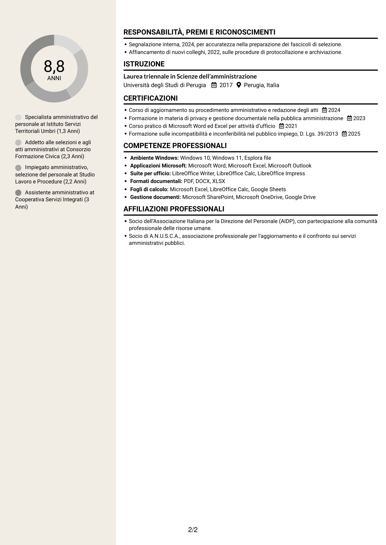 CV Intraprendente (formato a due colonne con intestazione centrata senza foto): Addetto amministrativo - Procedure concorsuali, pagina 2