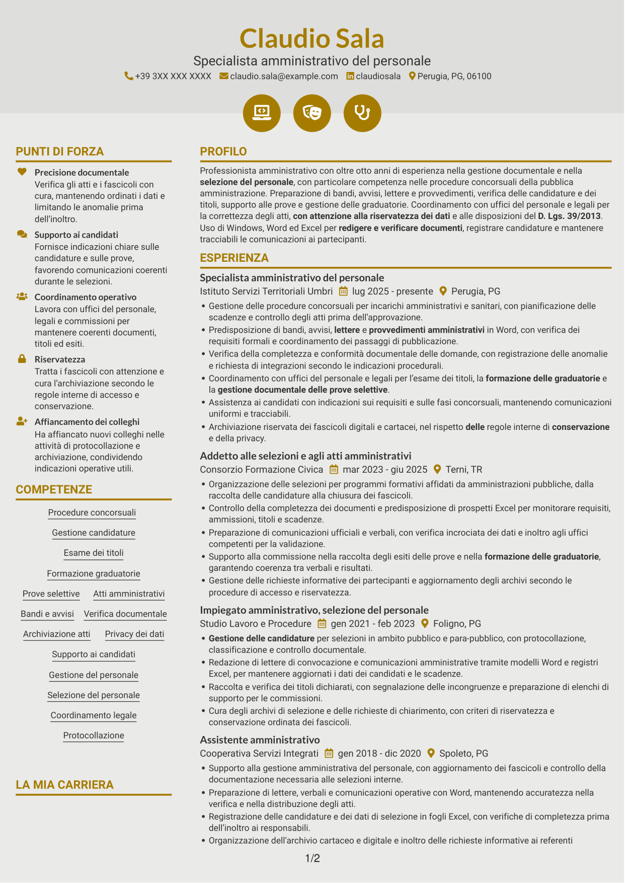 CV Dinamico (formato a due colonne con icone): Addetto amministrativo - Procedure concorsuali, pagina 1
