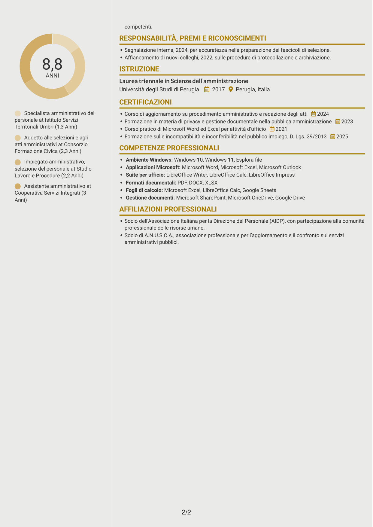CV Dinamico (formato a due colonne con icone): Addetto amministrativo - Procedure concorsuali, pagina 2