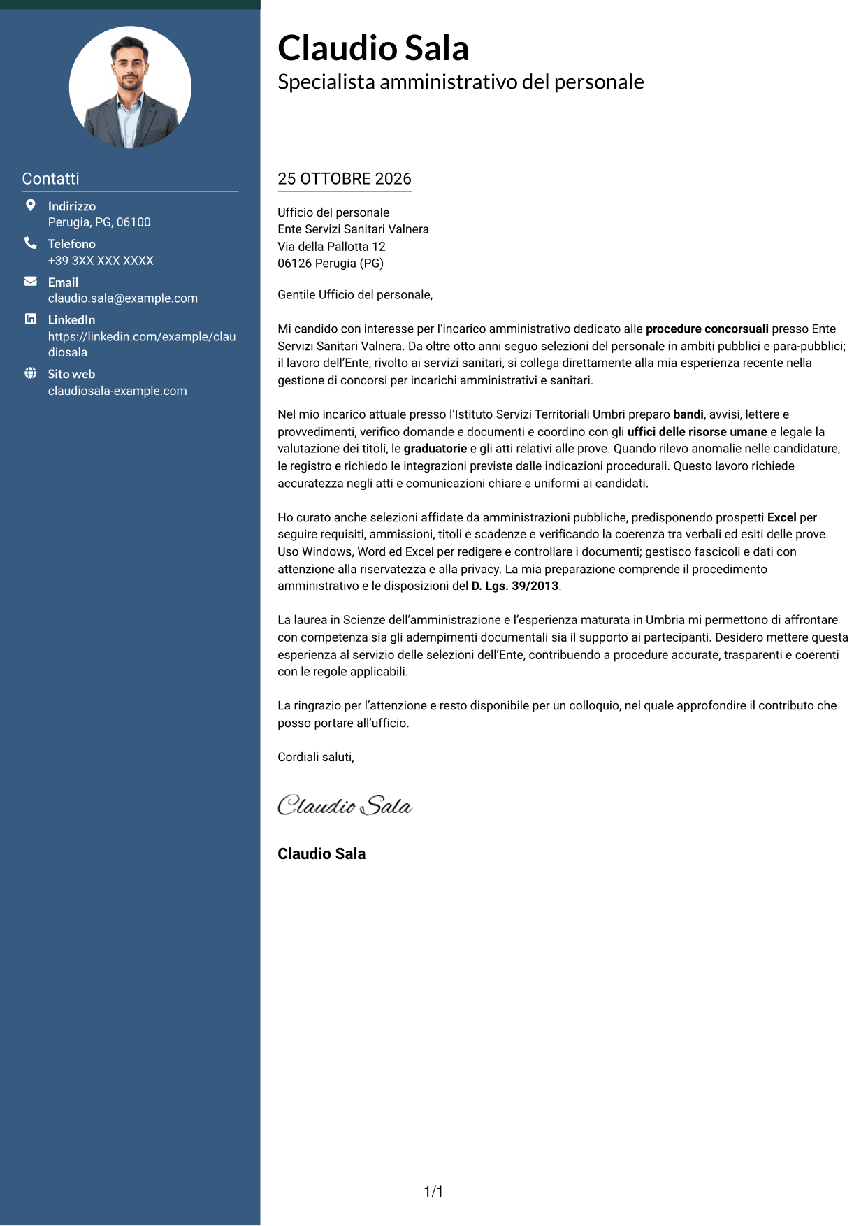 Lettera di presentazione Elegante (formato con colonna laterale colorata e foto): Addetto amministrativo - Procedure concorsuali, pagina 1