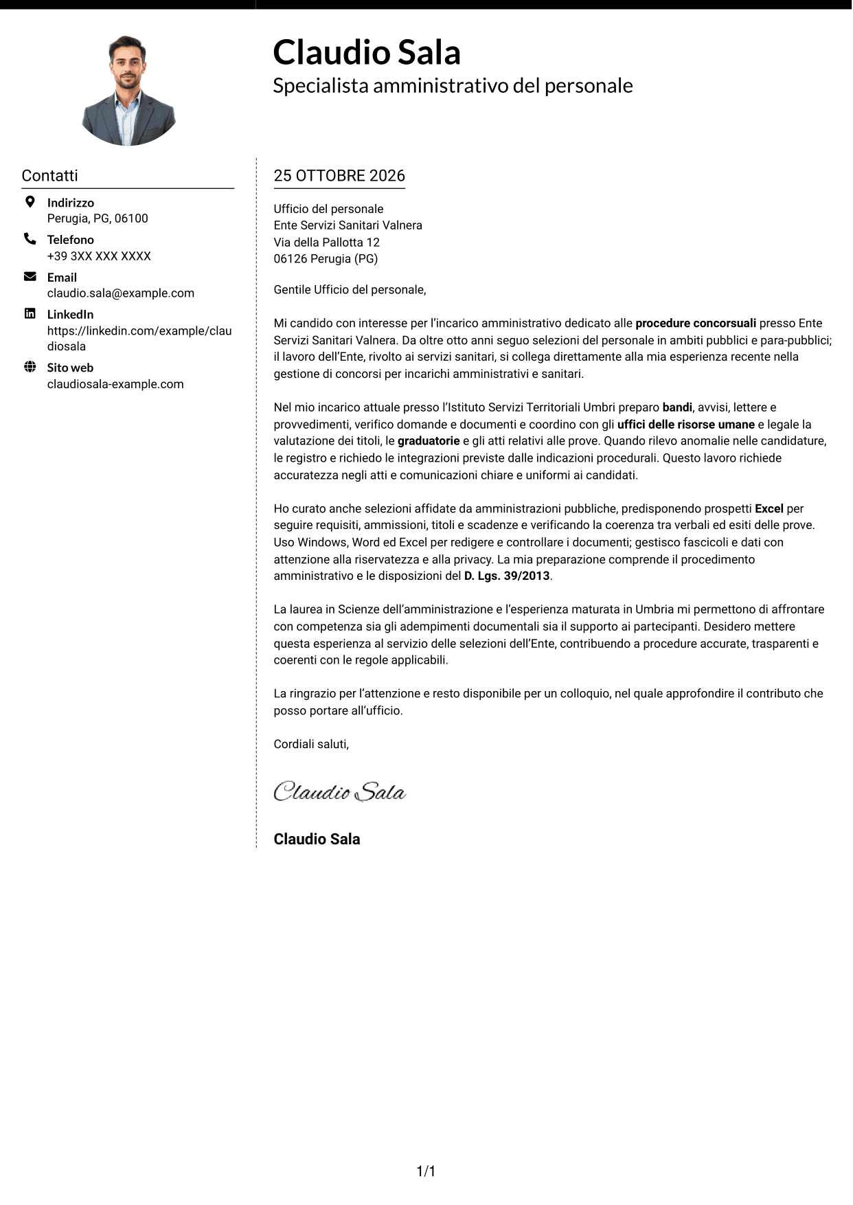 Lettera di presentazione Moderno (formato a due colonne con foto a sinistra e separatore): Addetto amministrativo - Procedure concorsuali, pagina 1